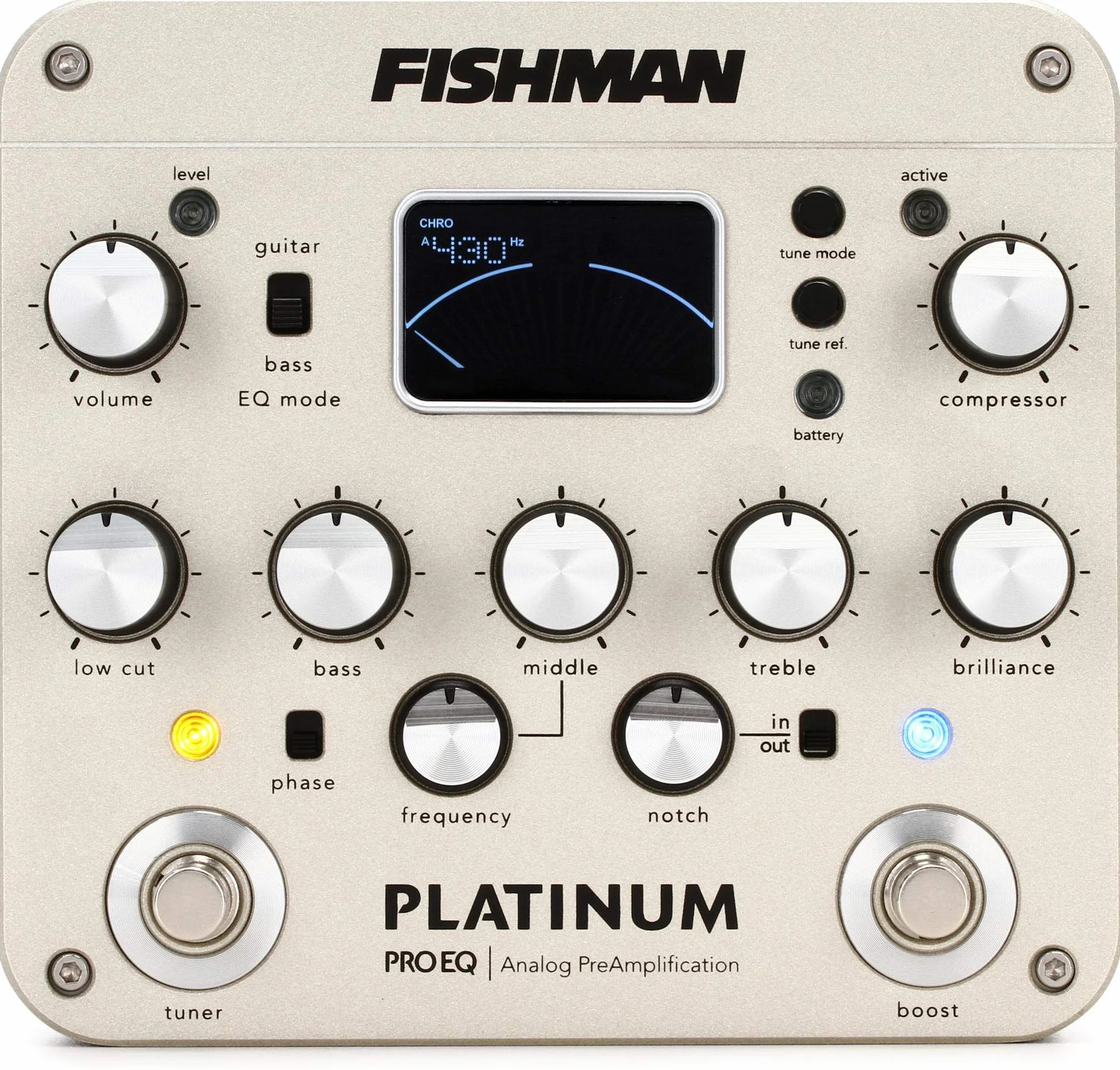 FISHMAN - PRO-PLT-201; Platinum Pro EQ/DI Analog Preamp; preamplificatore analogico universale per strumenti acustici; DI XLR bilanciata; accordatore cromatico; compressore; EQ 5 bande