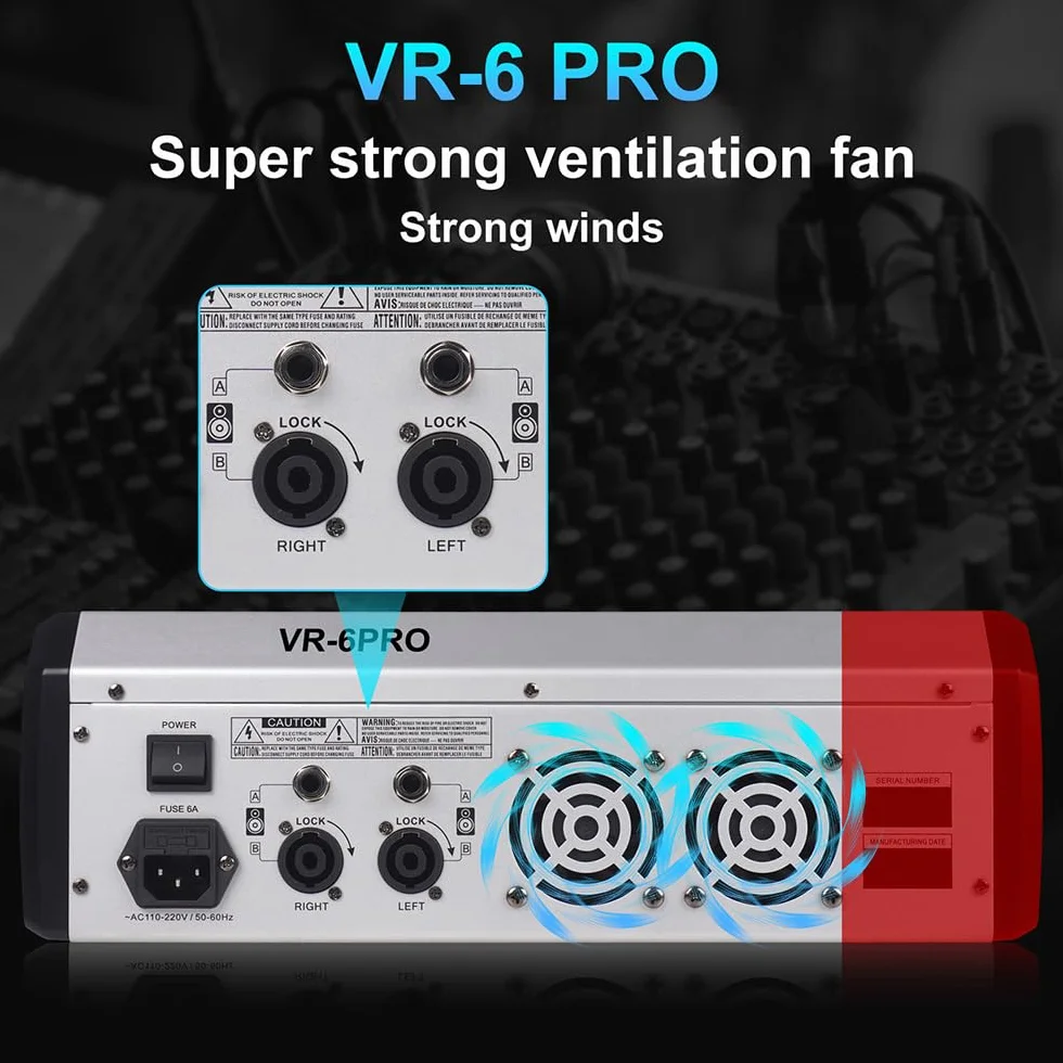 VR-6 PRO Mixer Audio - Amplificatore ad Alta Potenza da 550W x 2, 99 Effetti DSP, Console DJ Audio Bluetooth, Display a Grande Schermo Spettro, Tuner DJ con Riduzione Intelligente del Rumore