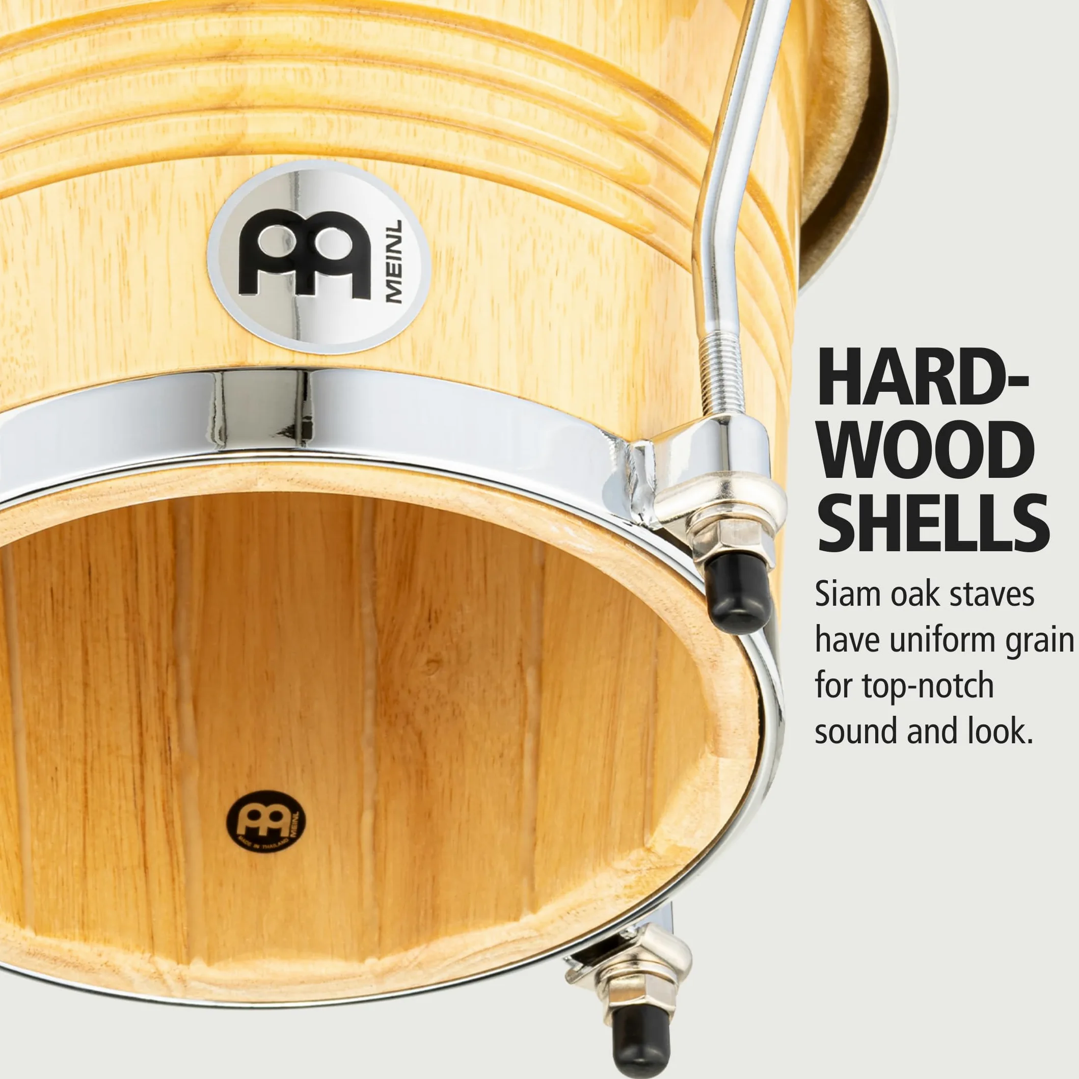 Meinl Percussion Bongos Wood Chrome - 2 Tamburi a Mano da 6.75 e 8 Pollici - Chiave Accordatura Inclusa - Quercia del Siam, Natural High Gloss (WB200NT-CH)