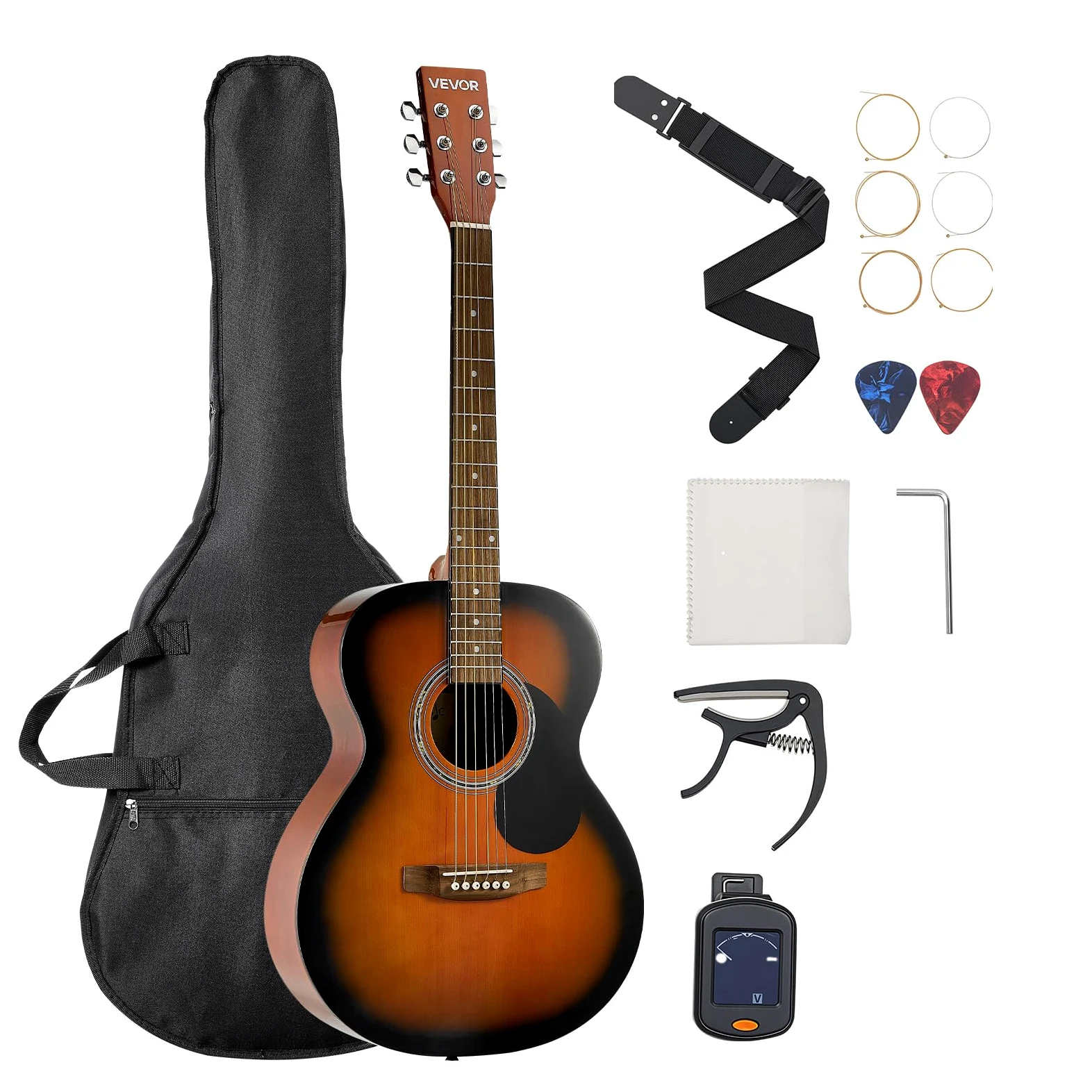 VEVOR Chitarra Acustica Dreadnought da 1016 mm Chitarra Acustica a 6 Corde con Tavola Armonica Solida Sunburst, Custodia Morbida, Accordatore, Tracolla, Corde in Acciaio, Plettri, Capotasto Mobile