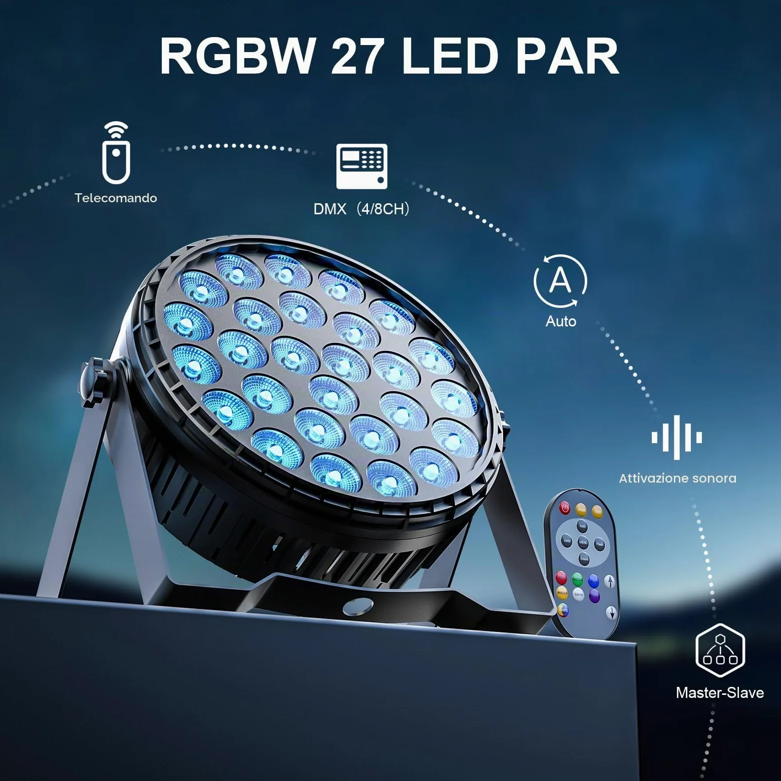 4PCS 216W LED Par Luce di Scena, 27 x 8W RGBW DMX-4/8CH Luci da Palcoscenico con Telecomando 6 Modalità Effetto Alta Luminosità Par LED per DJ, Festa, Teatro, Show, Natale