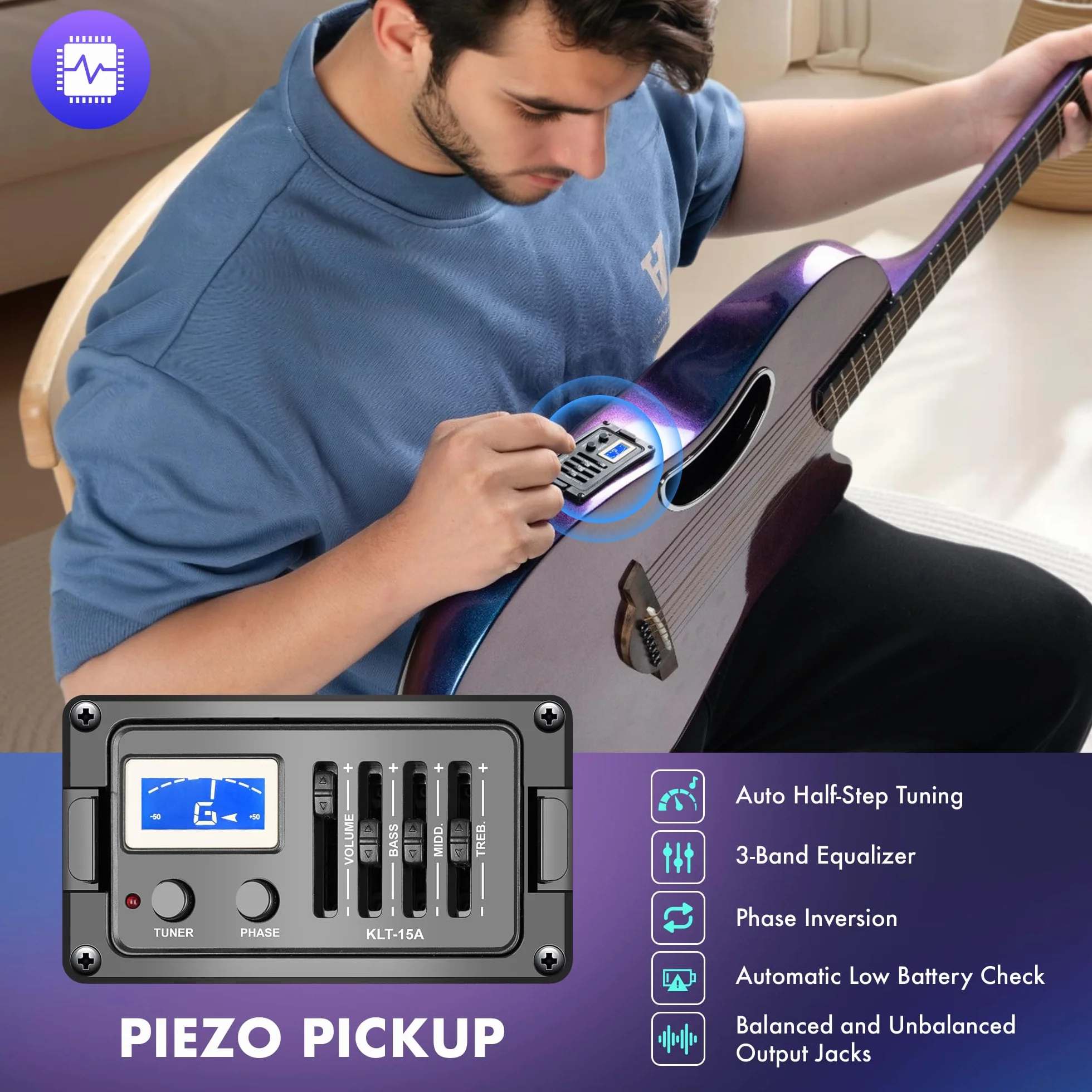 CAHAYA Chitarra Elettro-Acustica 41 Pollici: Fibra di Carbonio con Finitura Sfuma Blu-Viola Elegante, Tavola in Abete, Pickup Piezo Integrato, Perfetta per Viaggio e Palco (CCF0396P)