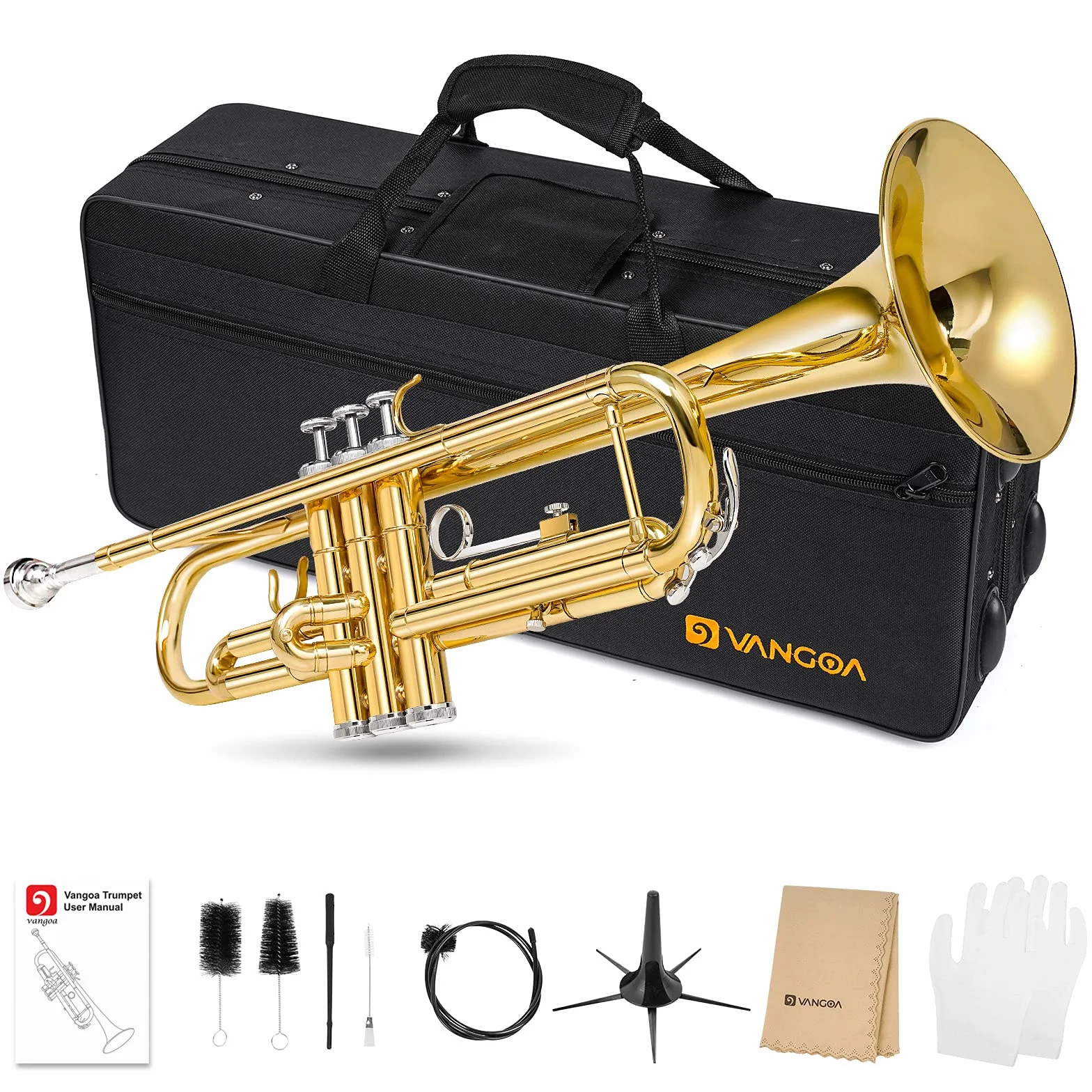 Vangoa Tromba in Sib Tromba standard in ottone dorato per studenti principianti con custodia rigida, supporto, bocchino 7C, guanti e kit di pulizia