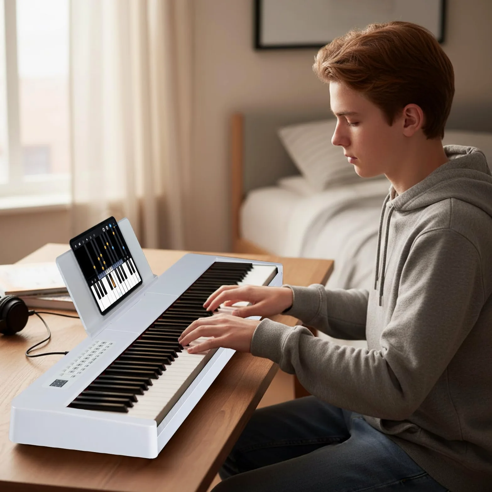 KOMFOTTEU Pianoforte digitale a 88 tasti, tastiera per pianoforte con 380 suoni, 128 ritmi, 88 demo, MIDI, pedale, pianoforte elettrico portatile con supporto per musica, borsa da trasporto (bianco)