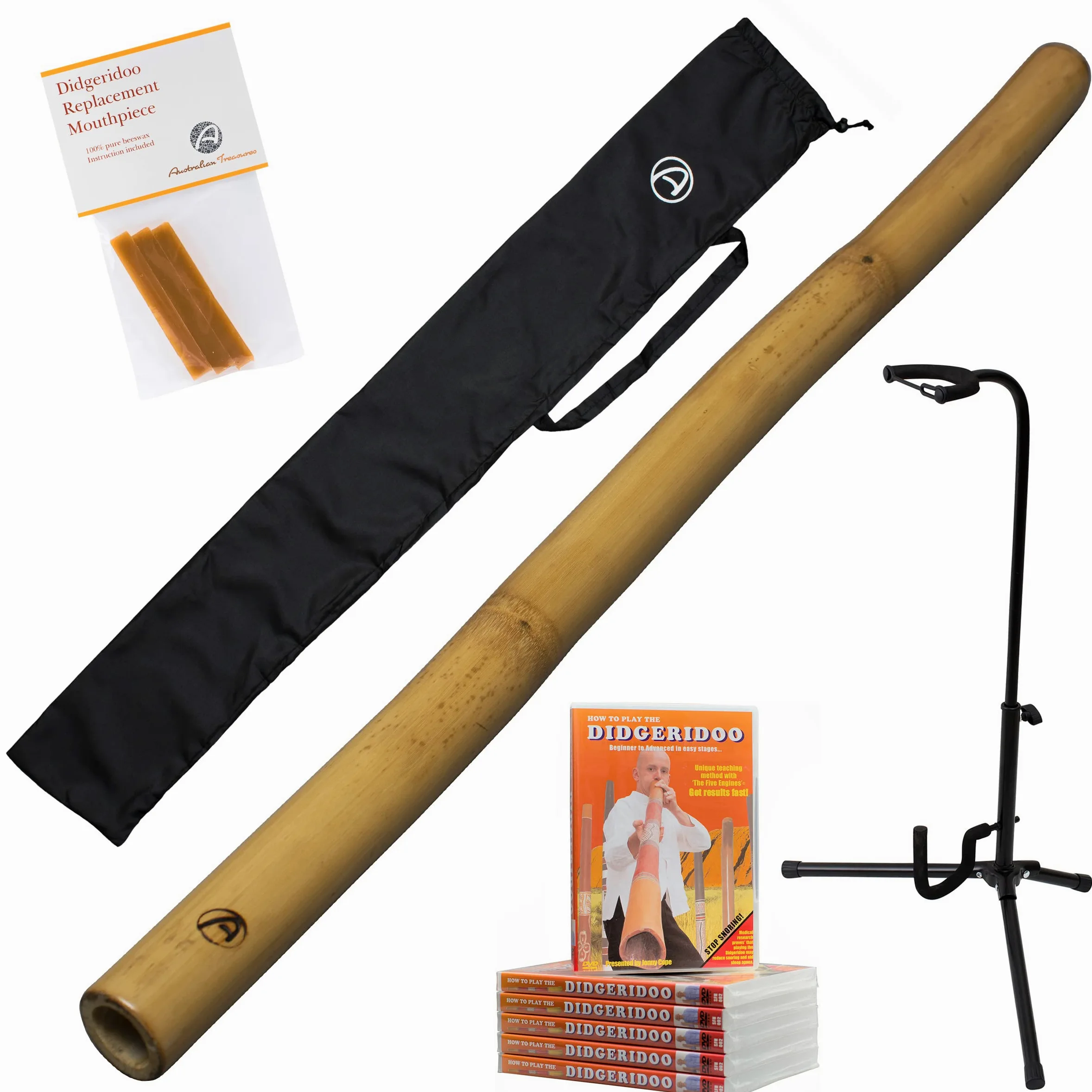 Didgeridoo carved in bambù che include corso online - Cera d'api - Custodia per Didgeridoo - Supporto per didgeridoo
