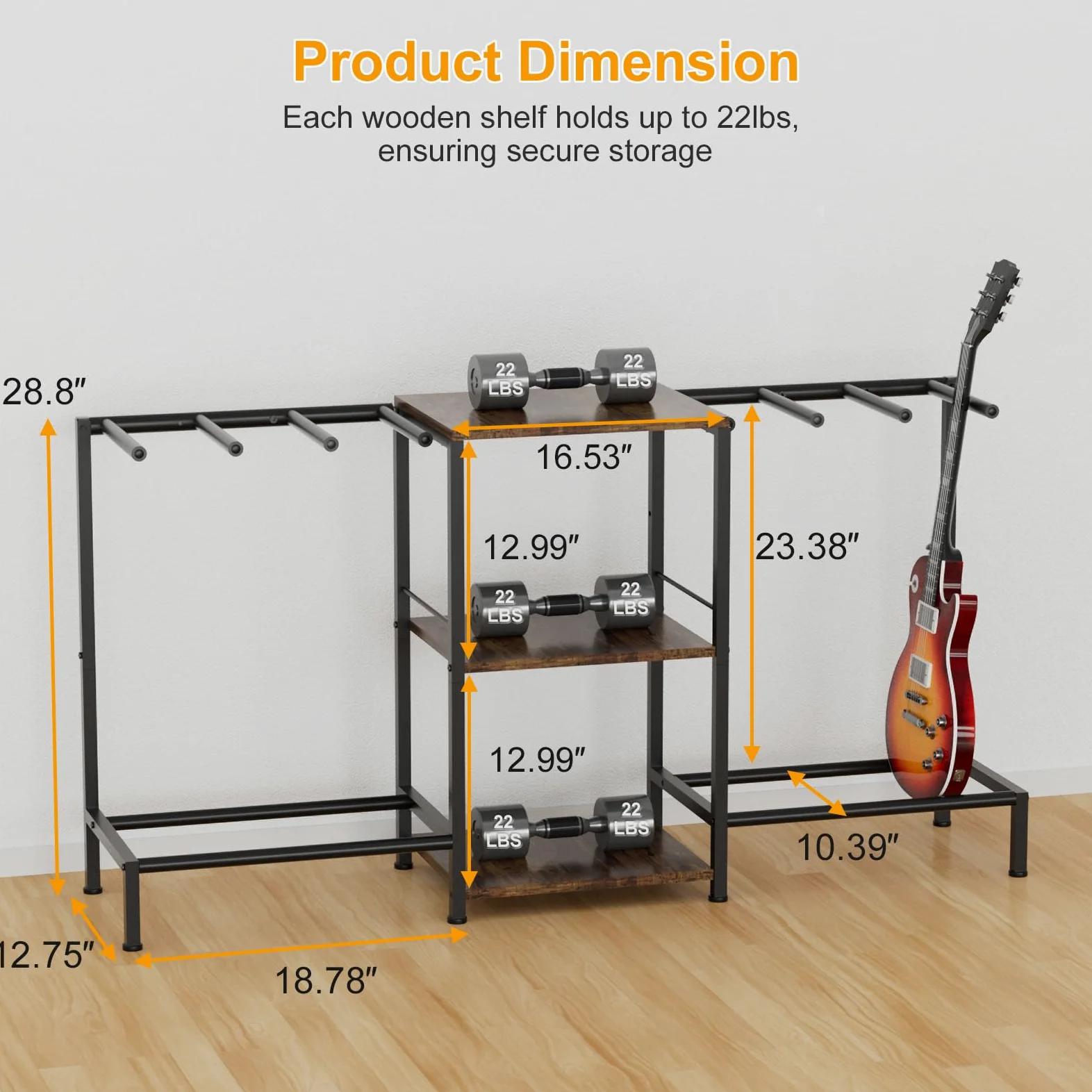 Supporto per chitarra per 6 chitarre, regolabile, con protezione imbottita morbida per chitarra acustica, elettrica, basso e ukulele, espositore per chitarra con 3 ripiani per amplificatori e