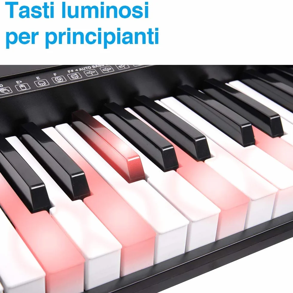 Bakaji Tastiera Musicale Pianola Elettronica 61 Tasti Luminosi Pianoforte Multifunzione con 255 Ritmi 50 Brani Preimpostati Funzione Percussione Ingresso AUX Leggio Porta Spartito/Tablet