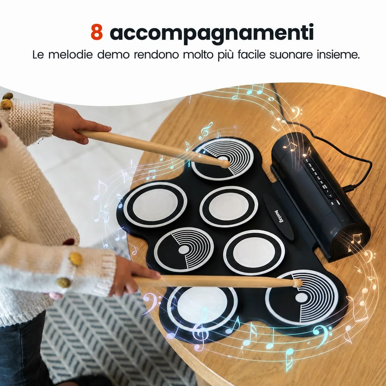 Batteria Elettronica Portatile per Bambini e Principianti, 7 Pad + 2 Pedali, 12 Ritmi Demo, 7 Suoni, Funzione Registrazione, Ingresso MP3, Uscita Cuffie e Altoparlanti