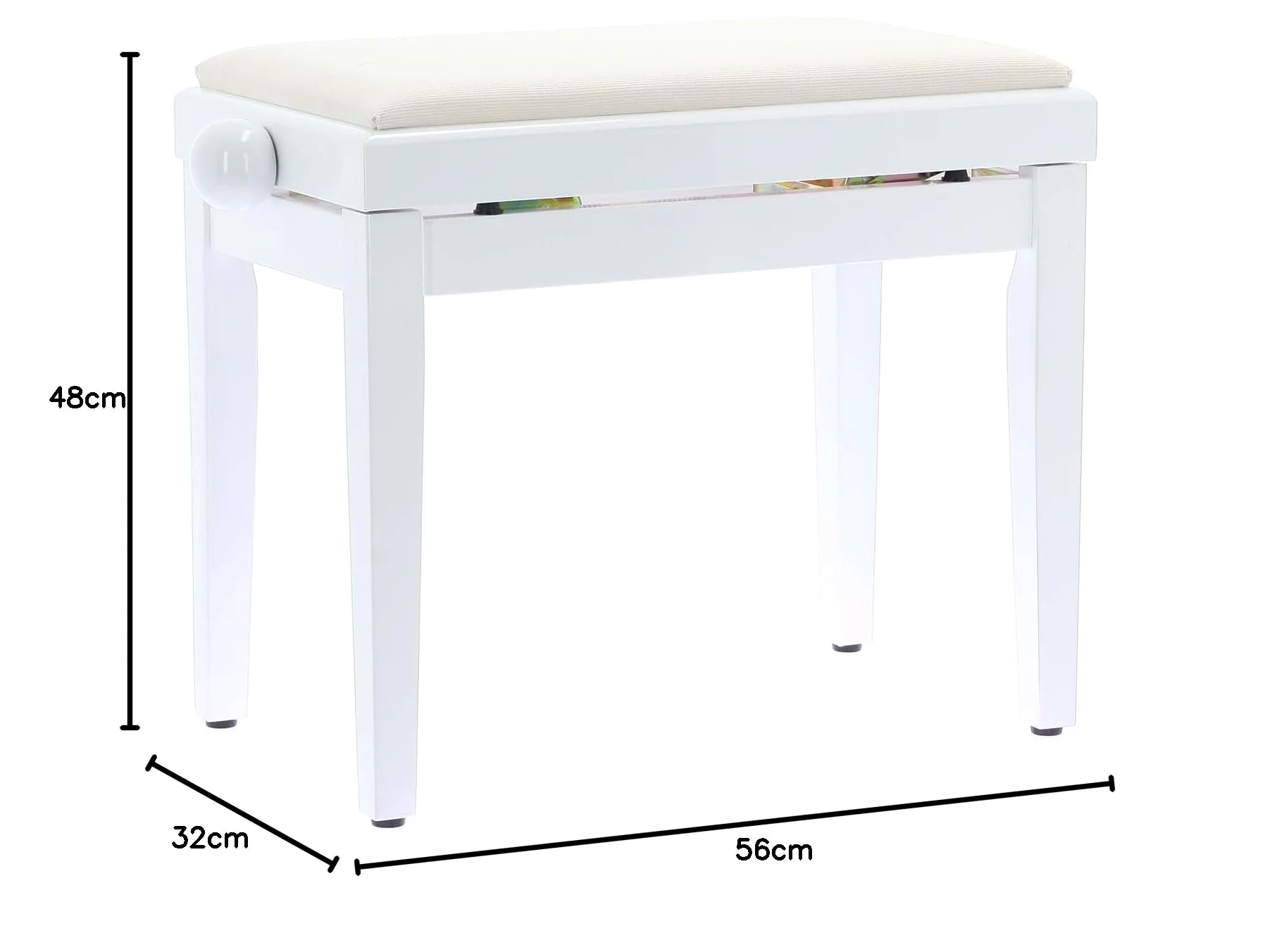 QUIK LOK - PB/010 WH L Panca in Legno Bianco Lucido per Pianoforte con Seduta Imbottita in Velluto, Regolabile 48–57 cm, Carico Massimo 100 kg