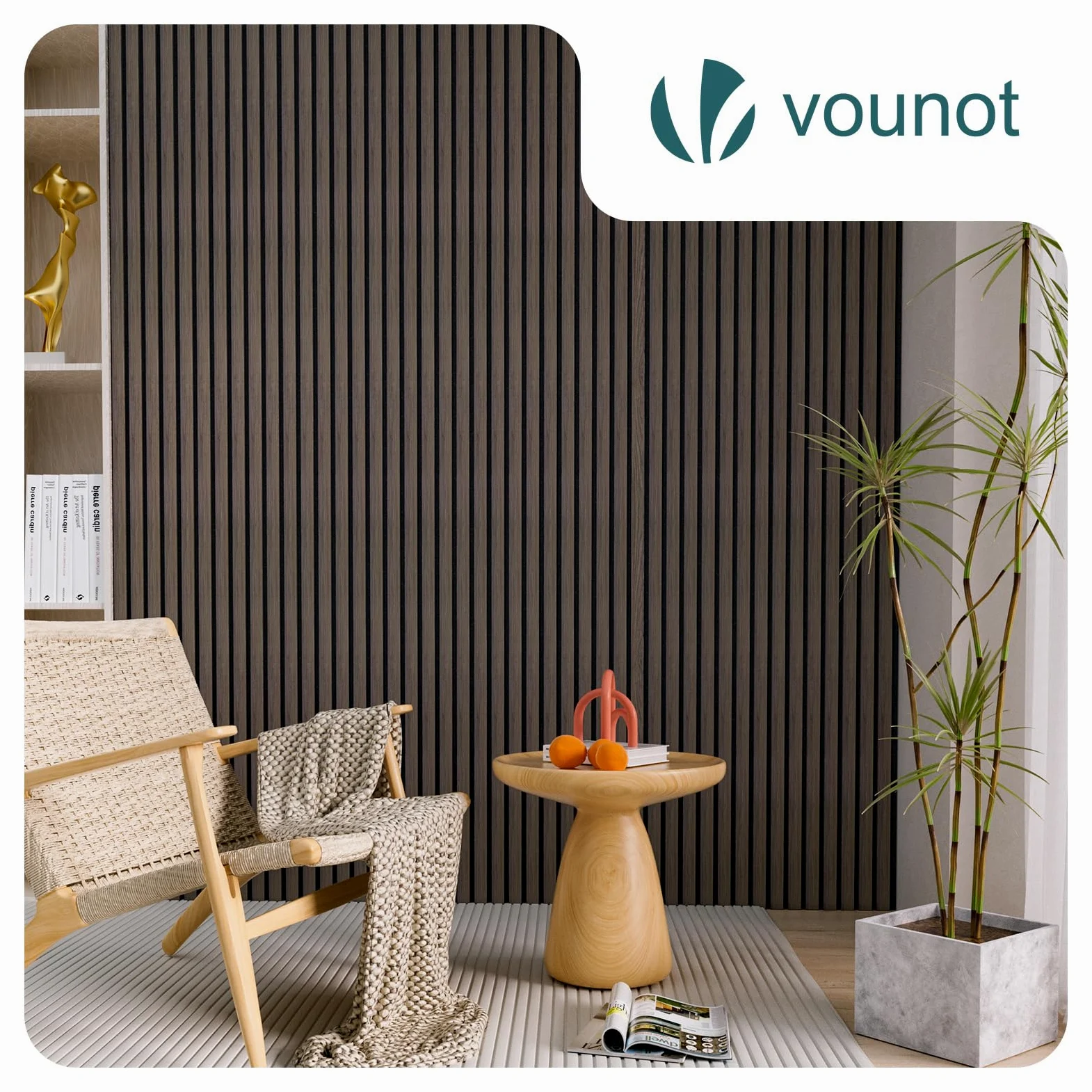 VOUNOT® Set da 4 Pannelli Fonoassorbenti 120x60x2,1 cm in MDF con Feltro di Poliestere Ignifugo, Pannelli Acustici da Parete 3D Isolamento Acustico per Soggiorno, Camera e Ufficio, Rovere Scuro