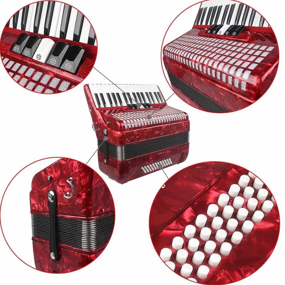Fisarmonica in acero a 34 tasti e 48 bassi, corpo in xilofono solido, soffietto in pelle di agnello, vernice spray rossa for pianoforte, adatta a principianti e professionisti, inclusa borsa e imbraca