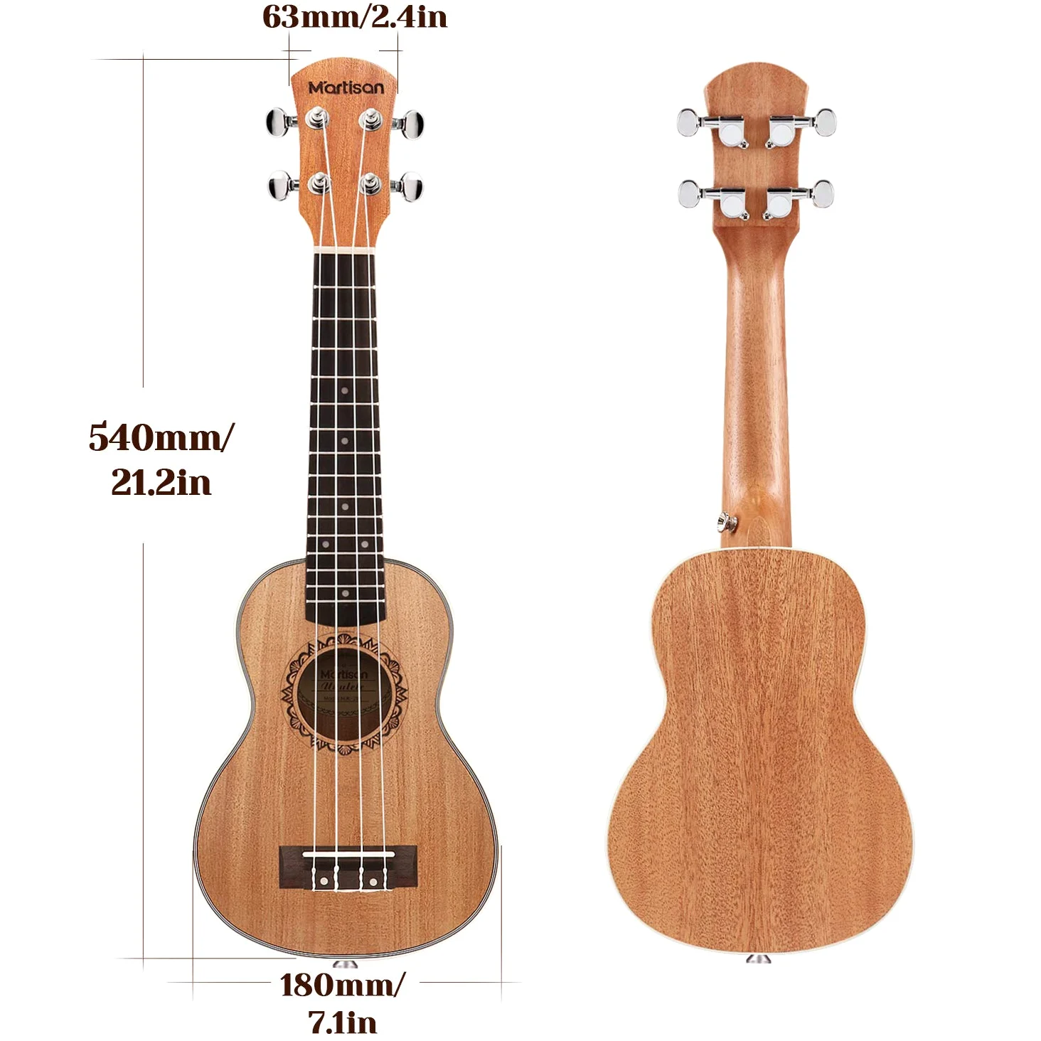 MARTISAN Ukulele Soprano con corde Aquila originali in nylon, Ukulele da 21 pollici per Principianti con Borsa, Accordatore, Corde Aggiuntive, Cinturino, Plettri