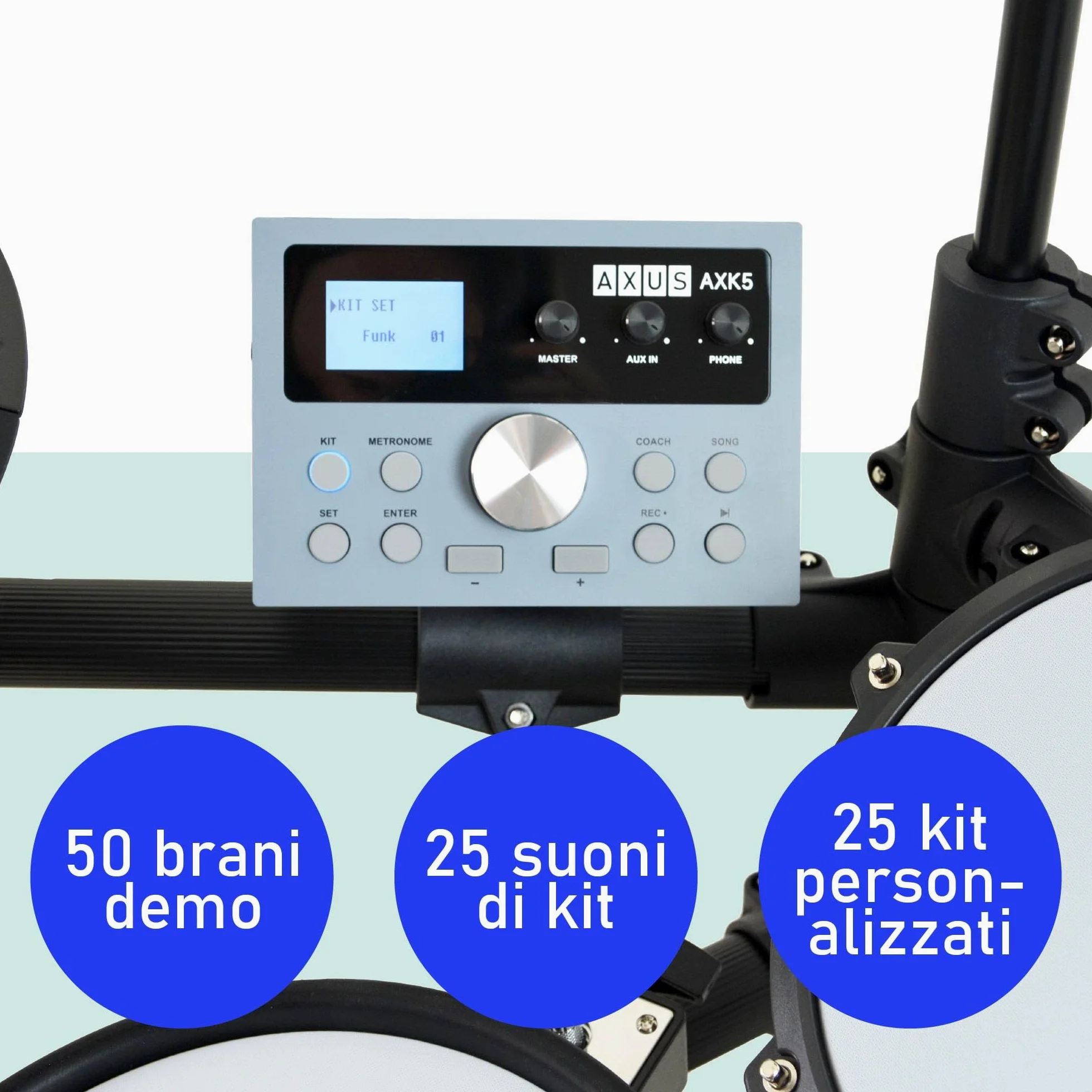 Axus AXK5 Batteria Elettronica - Set Completo con Teste Mesh, 25 Suoni, USB MIDI, Cuffie, Sgabello & Bacchette Incluse - Perfetta per Principianti Adulti Bambini Pratica Casa
