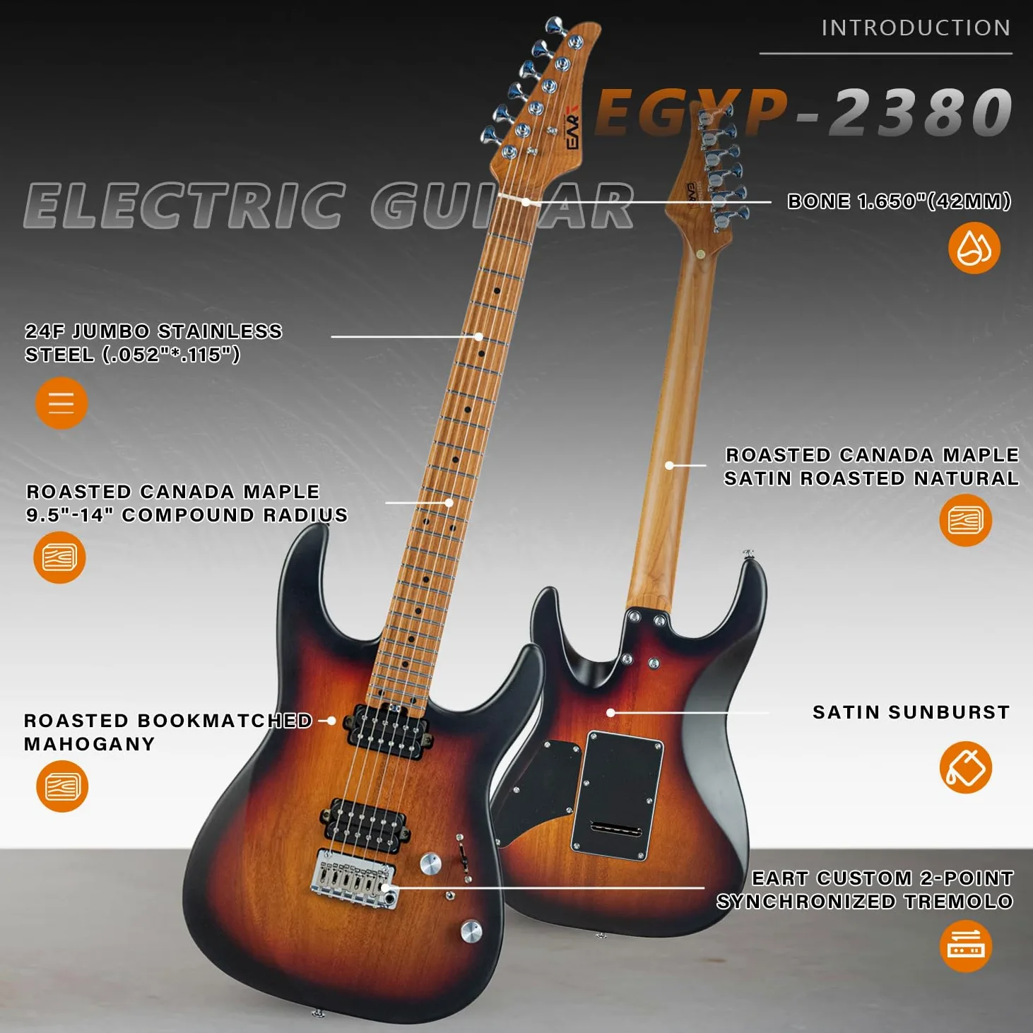 EART Chitarra elettrica a 6 corde con corpo solido EYP-OMNI24 in mogano brunito con pickup Artones-Hh-Y per giovani musicisti creativi (Sunburst)