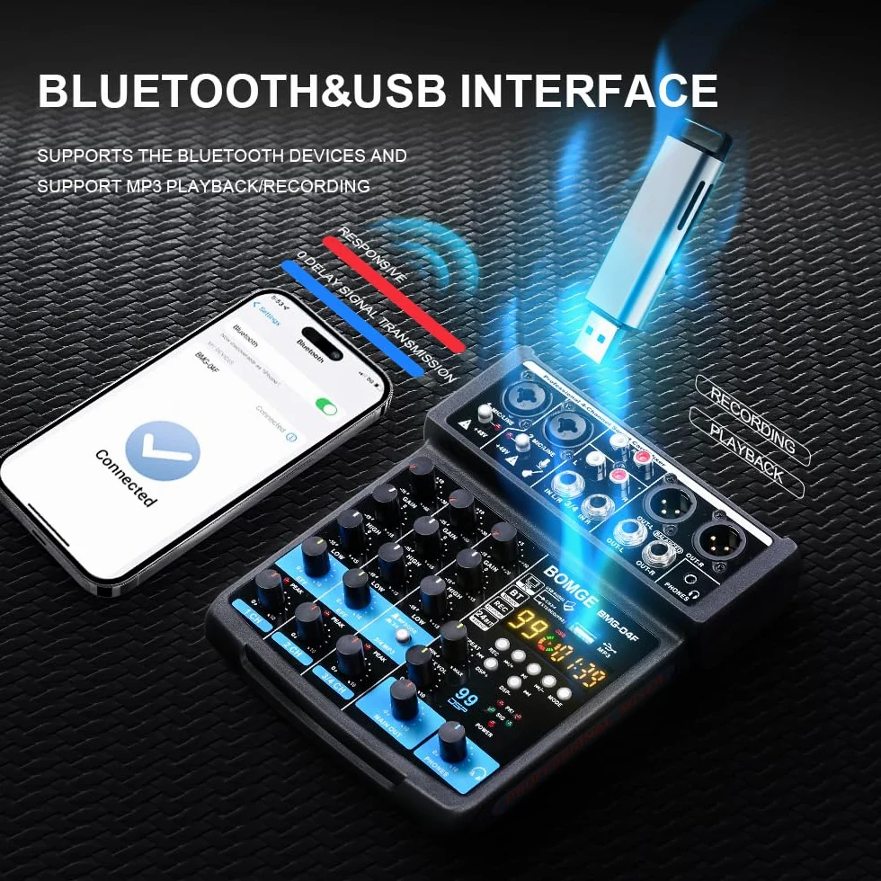 BOMGE 4-Kanal Mini-DJ-Audio-Mixer mit MP3-, USB-, Bluetooth- und Stereo-Aufnahmefunktion, 48-V-Phantomspeisung und 99 DSP für Karaoke, Performances, Kirchengesang und Podcast-Streaming