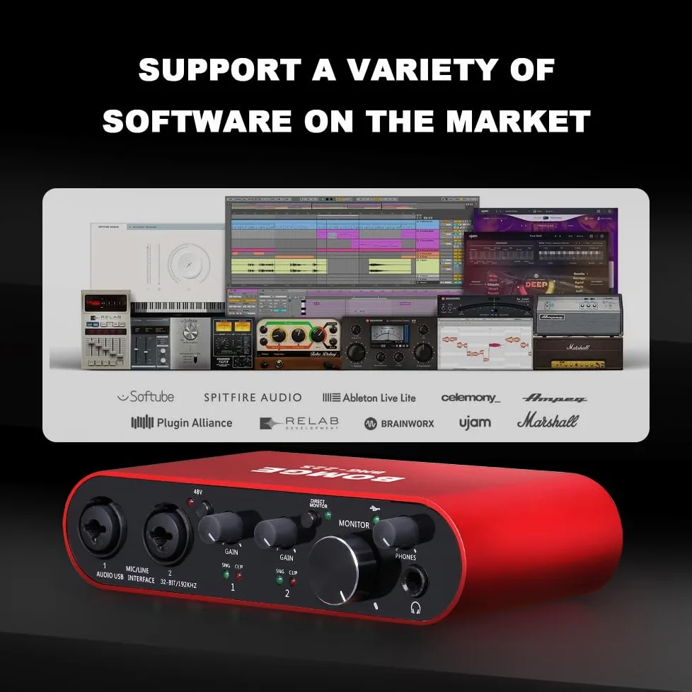 BOMGE Interfaccia audio USB alimentazione phantom XLR/48V, 32bit/192kHz ad alta fedeltà, per interfaccia mixer audio da studio per chitarristi, cantanti, podcaster, produttori, plug and play