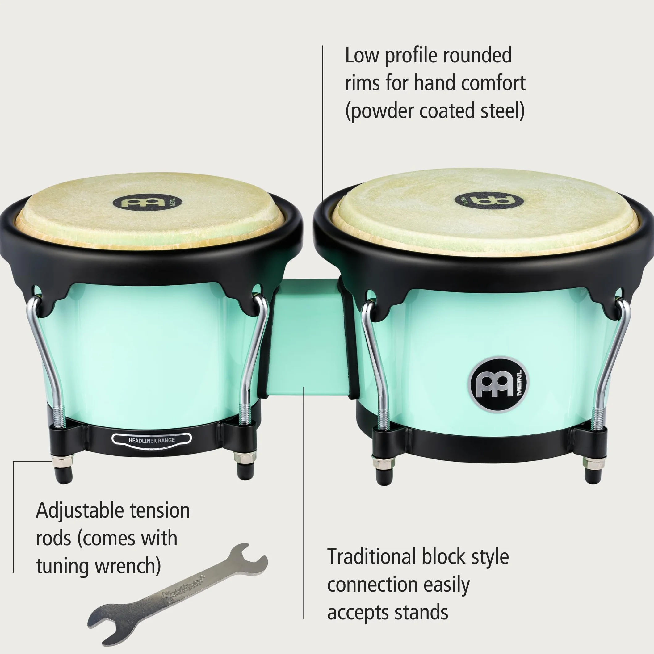 Meinl Percussion Bongos Journey Series - 2 Tamburi a Mano da 6.5 e 7.5 Pollici - Chiave Accordatura Inclusa - Plastica ABS, Light Blue (HB50SF)