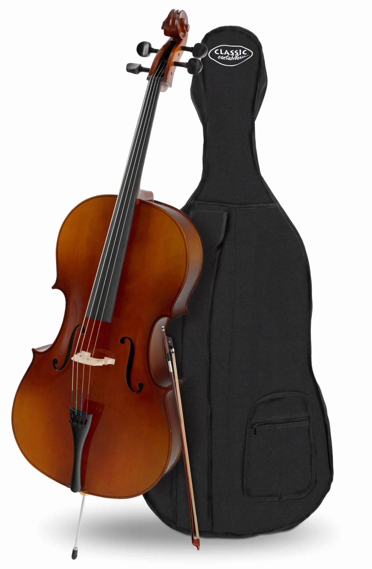 Classic Cantabile Student Violoncello 4/4: tavola in abete, fondo, fasce, manico e ponticello in acero, tastiera in tiglio tinto, meccaniche e capotasto in acero annerito. Include arco e custodia.