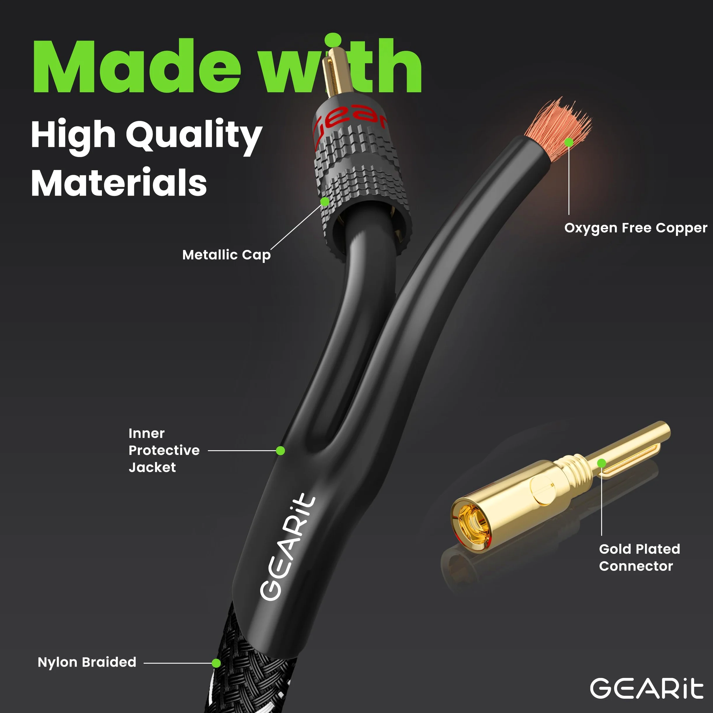 GearIT Cavo per altoparlanti Hi-Fi 2 x 2,5 mm≤ con connettori a banana (4,57 metri, nero) rame OFC privo di ossigeno, cavo per altoparlanti CL2, intrecciato resistente, calibro 14 AWG, 3,5 m