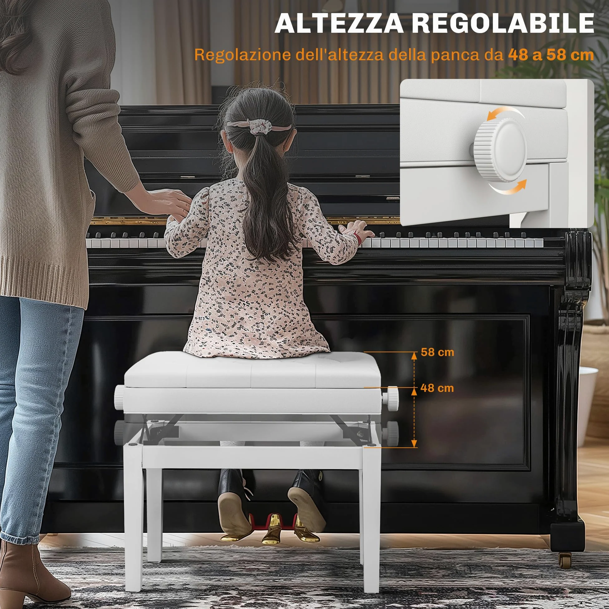 HOMCOM Sgabello Pianoforte con Altezza Regolabile 48-58 cm 200 kg Bianco | Panca Pianoforte, Vano Contenitore, Seduta Imbottita, Pelle PU, Gambe Legno di Caucciù, per Tastiera, per Pianola