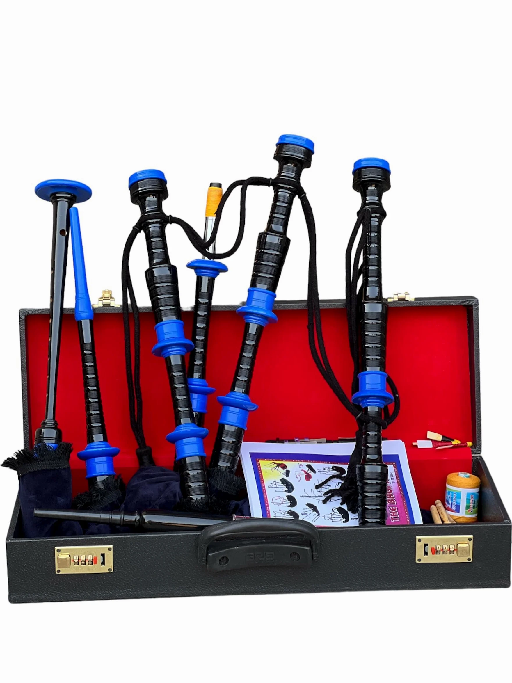 Cornamusa professionale in velluto blu con supporti in palissandro e custodia