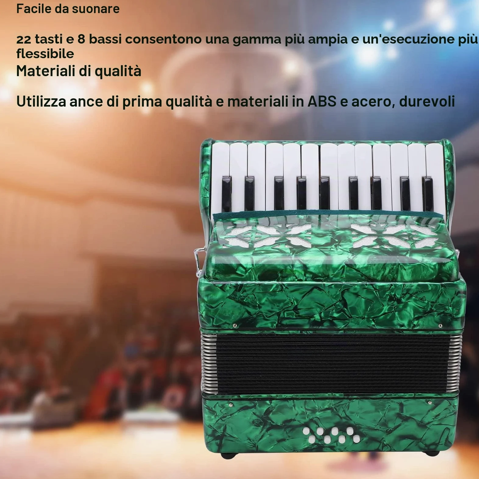 Fisarmonica a 22 Tasti e 8 Bassi, Fisarmonica a Mano per Principianti, Strumenti Musicali a Fisarmonica Professionali Dotati di Ance Premium e Cinghie Regolabili per Performance