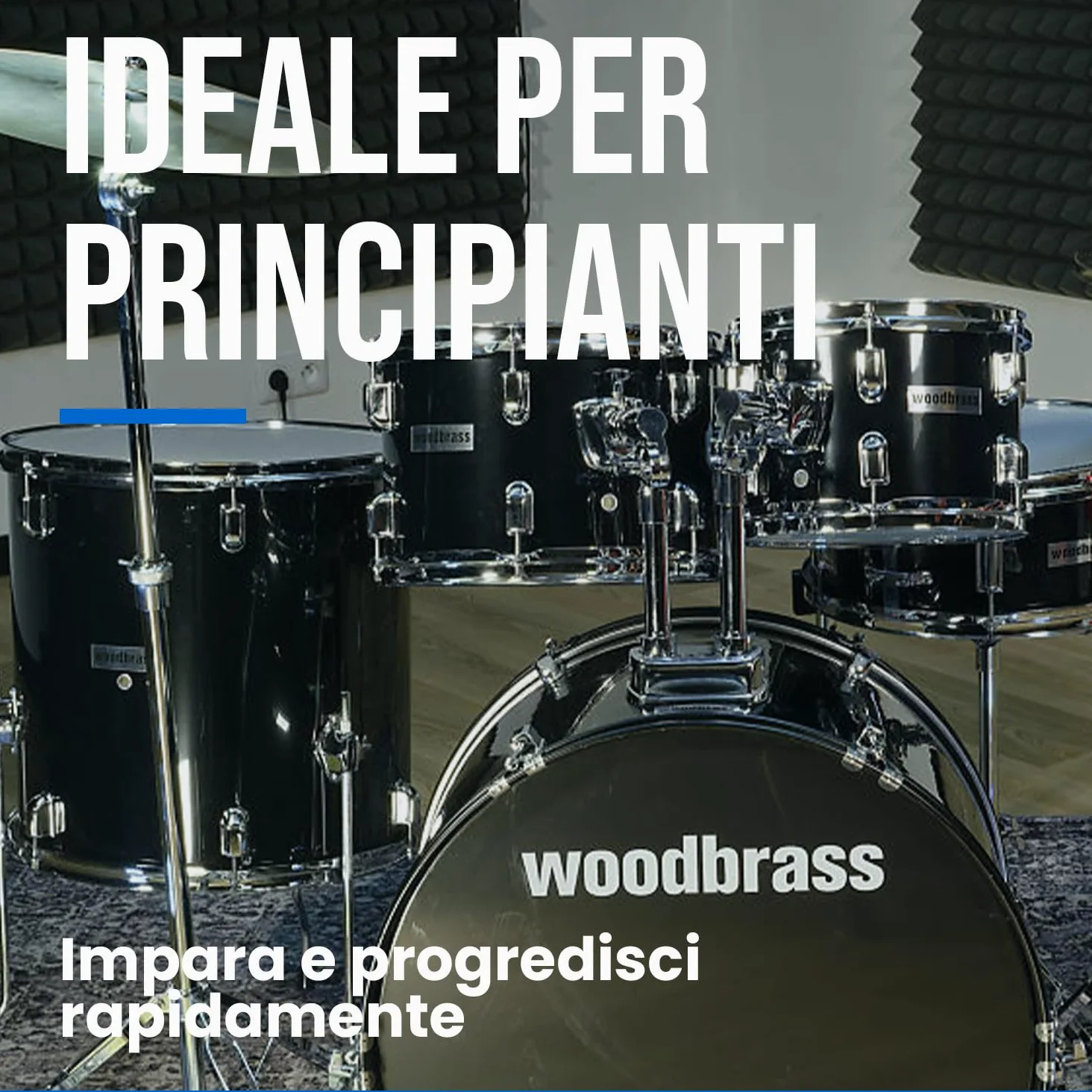 Woodbrass AD100 - Batteria nera lucida, ideale per principianti, pronta all'uso, accessori inclusi - Kit batteria acustica completa fusti di pioppo