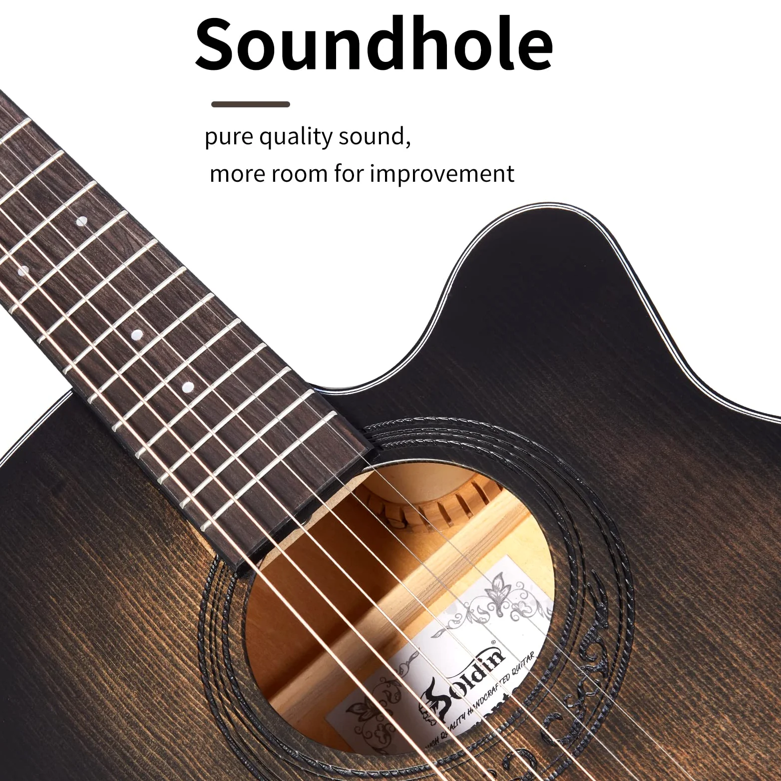 Chitarra acustica da 40 pollici in abete massello Top Cutway Bundle kit con custodia,supporto per chitarra,accordatore,cinturino,capo,corde,panno per la pulizia e plettri (nero silenzioso)