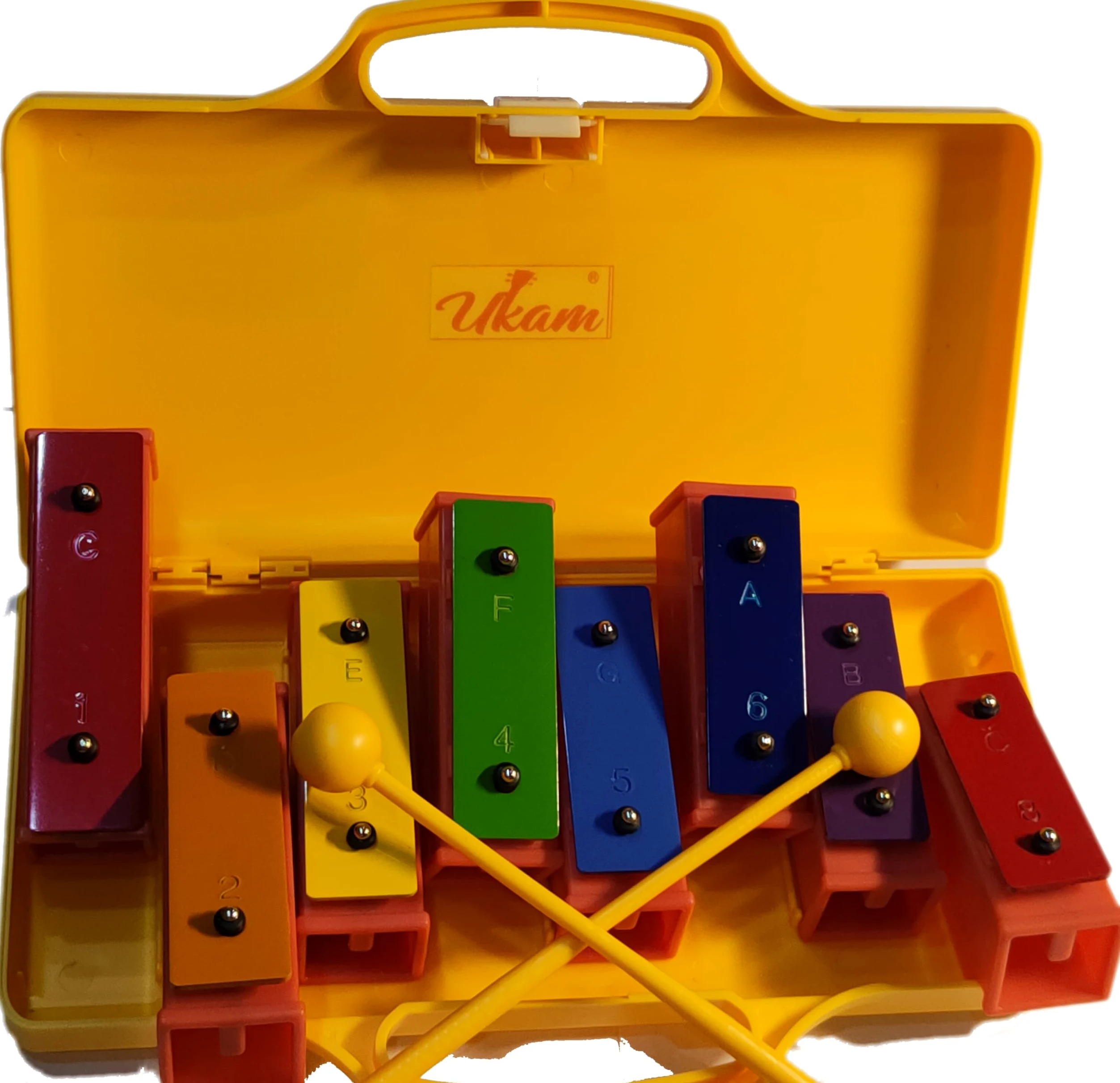 Xilofono diatonico soprano Ukam 8 note individuali colorate, strumento a percussione con due bacchette e custodia rigida gialla (note metalliche) (giallo)
