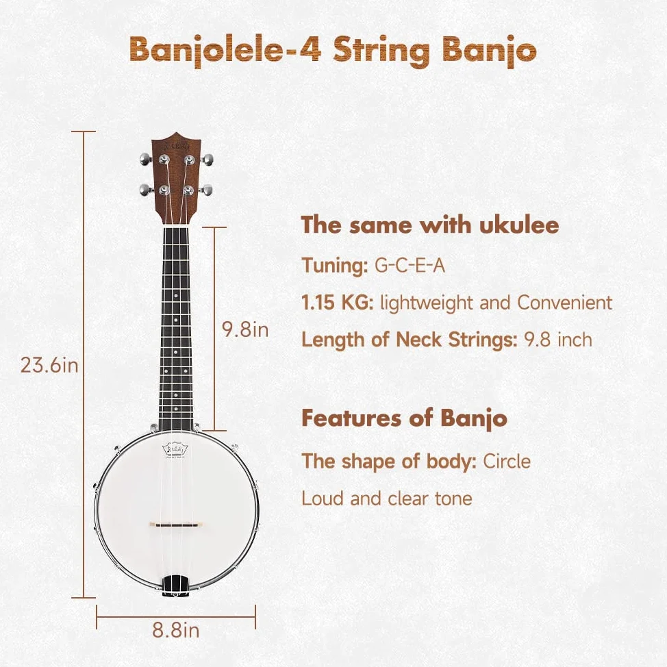 Mulucky Banjolele, 4 corde, Banjo-Ukulele, dimensioni da concerto, 58,9 cm, fondo in legno massello chiuso, set per principianti con supporto per il manico, borsa per concerti, accordatore, cordiera