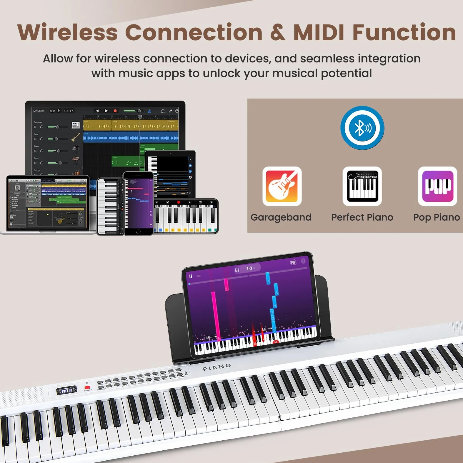 KOMFOTTEU Pianoforte Digitale 88 Tasti Pieghevole, con MIDI Wireless, Altoparlanti Doppii, 1000 Timbri E Ritmi, Tastiera Elettronica Semi-Pesato, Pianola Facile da Trasportare con Borsa (Bianco)