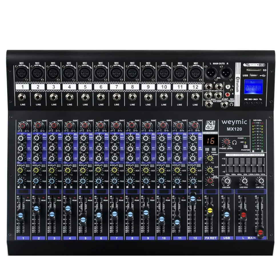 MX-120 Mixer professionale (12 canali) per la registrazione DJ Stage Karaoke DSP Effector w / USB Drive per l'ingresso di registrazione, XLR Microphone Jack, alimentazione 48V, uscita RCA
