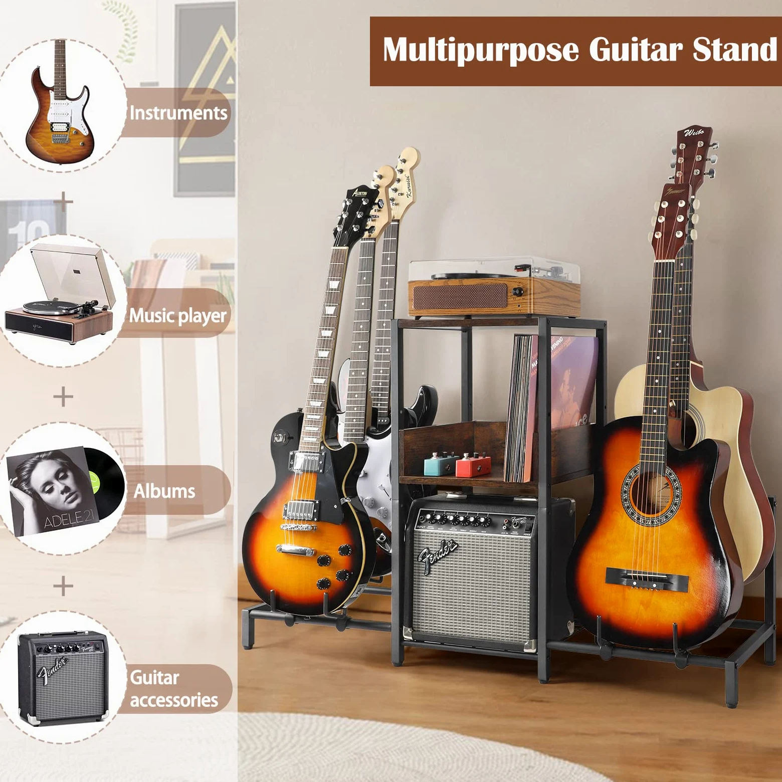 Bikoney Supporto Chitarra a 5 Livelli per Chitarra Acustica, Elettrica, Basso, Supporto Rack per Chitarra Regolabile per Più Chitarre Porta Chitarra