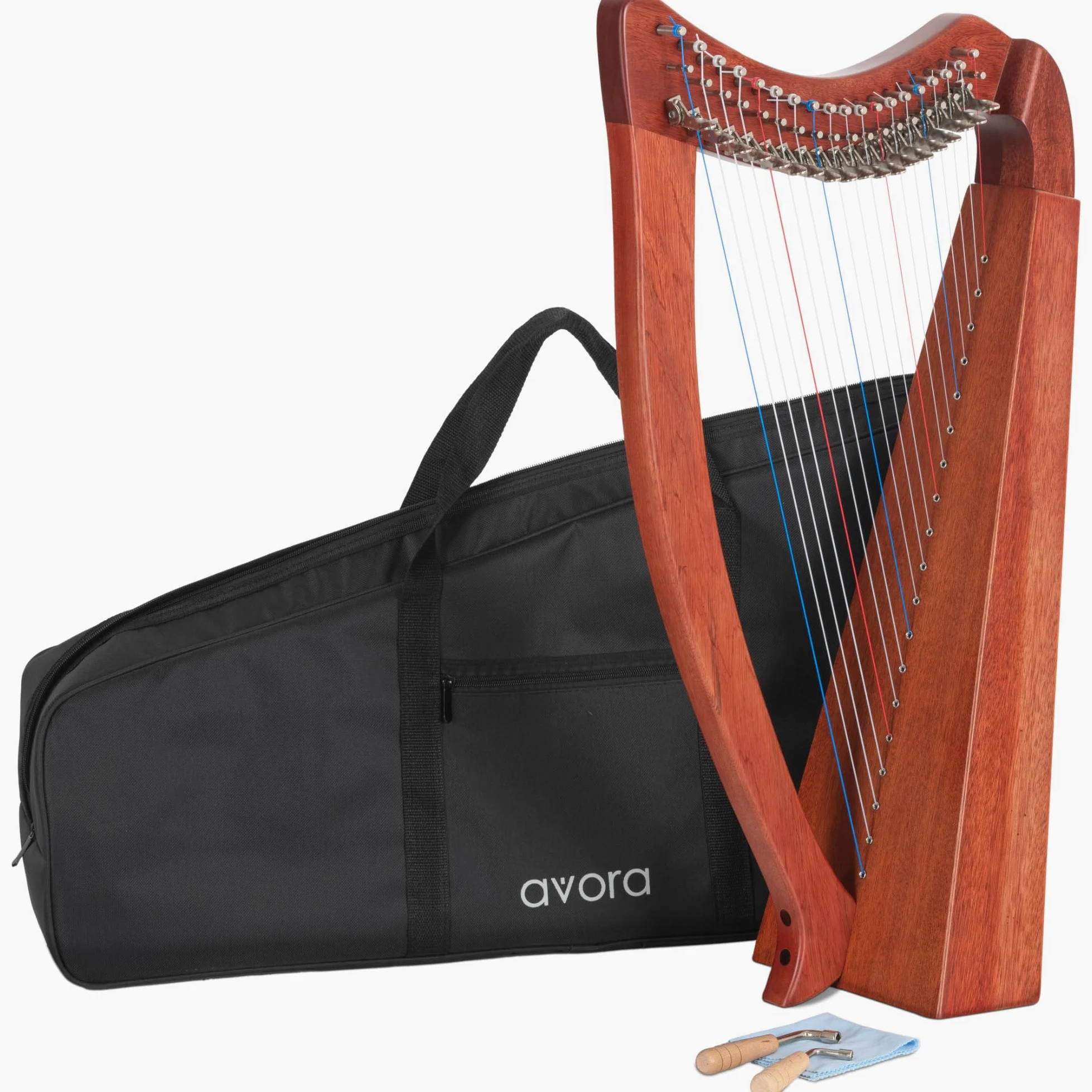 Avora Arpa Celtica 19 corde in mogano – artigianale con borsa, chiavi di accordatura, diatonica in Mi Bemolle Maggiore, accordatori fini, meccanismo a ganci, leggera e compatta.