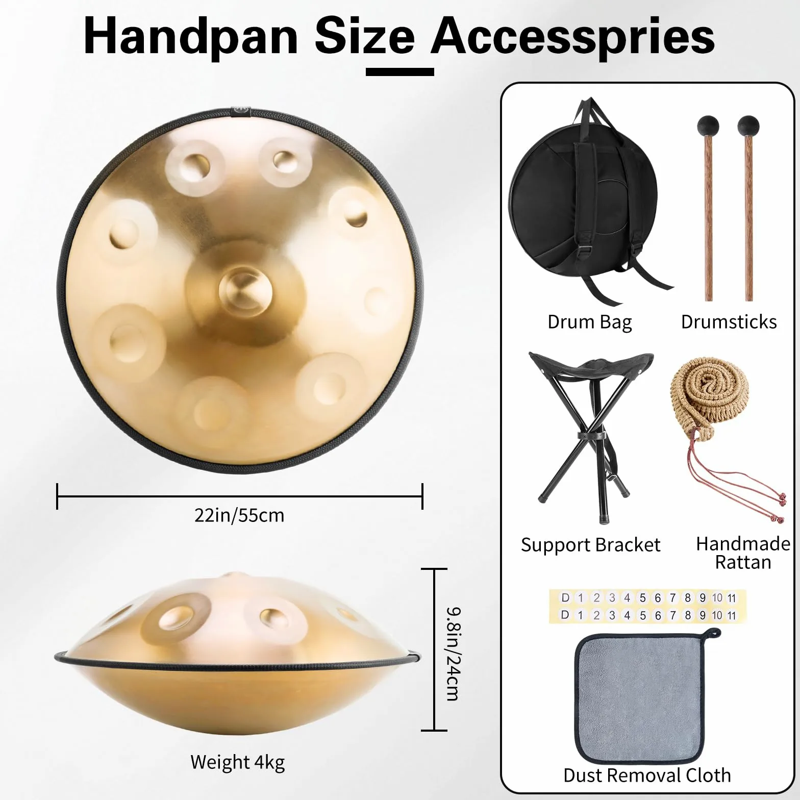 Handpan Instrument 432 Hz, 9 toni, 22 pollici, Handpan in d-Moll, tamburo per lingua con custodia, bacchetta, supporto, per principianti, professionisti, musicoterapia (oro, 9 toni 432 Hz)