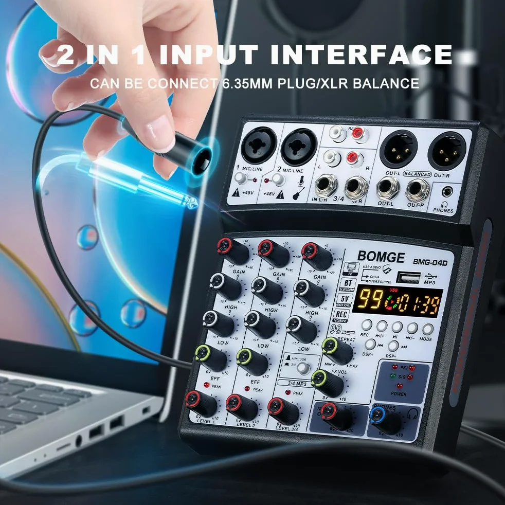 BOMGE Mixer audio professionale per DJ a 4 canali con 99 DSP interfaccia console di mixaggio karaoke da tavolo ingresso MP3 USB ingresso Bluetooth registrazione stereo alimentazione Phantom 48V