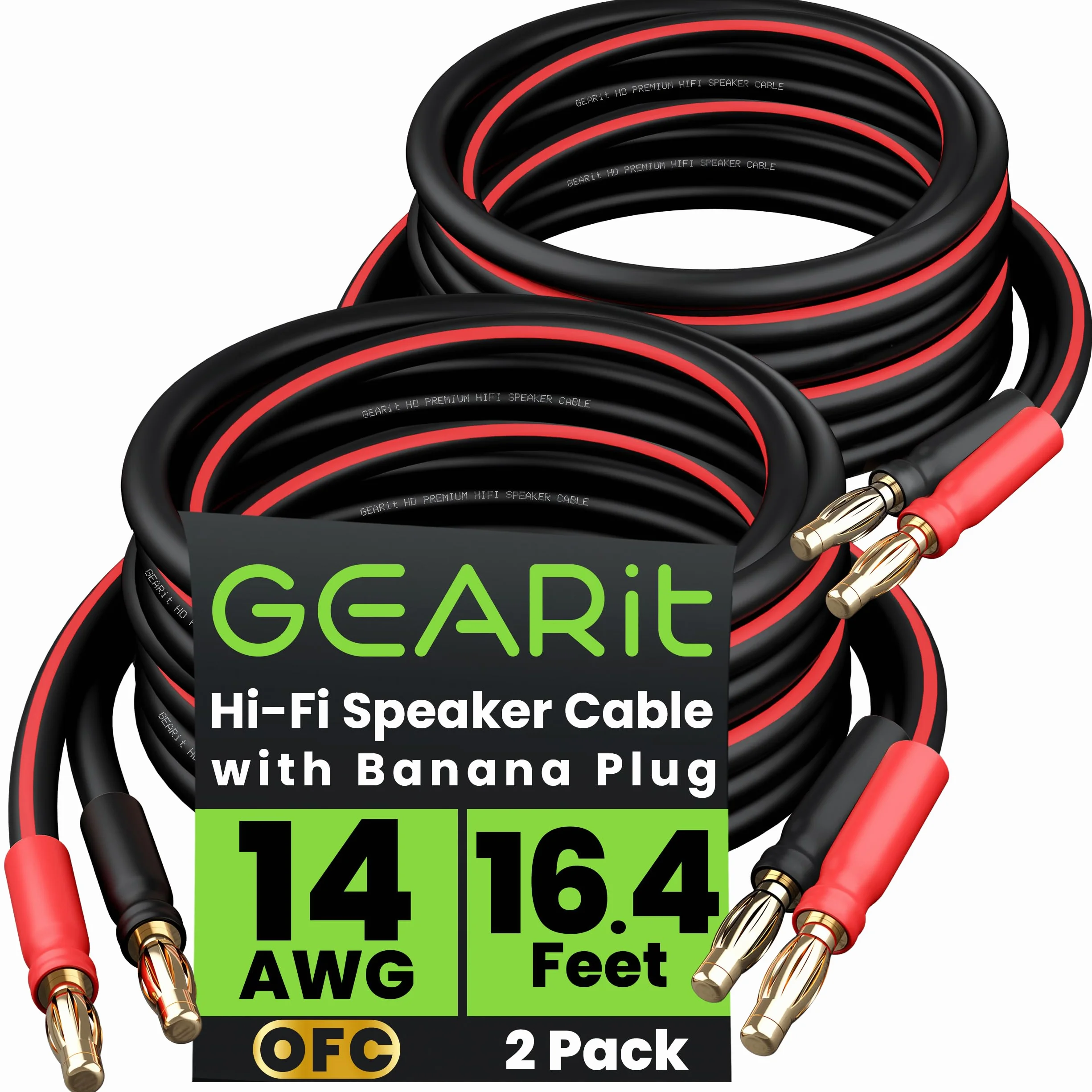 GEARit Cavo per altoparlanti da 14 AWG con connettori a banana (confezione da 2, 5 metri), calibro 14 Ga, per audio surround bi-Amp HiFi Bi-Wire, 99,9% rame OFC, punte placcate in oro, nero, 5 m