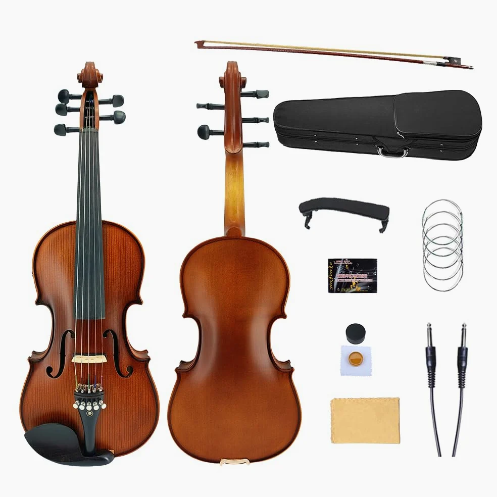 Violino elettrico / acustico 4/4 full size a 5 corde in abete massello d'acero con accessori in ebano, perfetto per palco con custodia, arco, cavo, colofonia, ponte, spalliera, panno per la