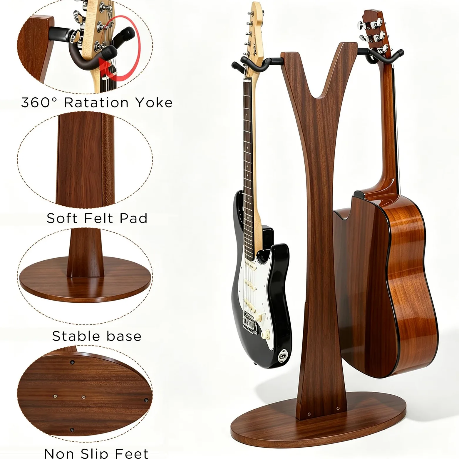 PUNK Doppio supporto per chitarra da pavimento, 2 supporti regolabili per chitarra, 2 supporti per chitarra acustica, elettrica, basso, supporto in legno per chitarre multiple, facile da montare (noce