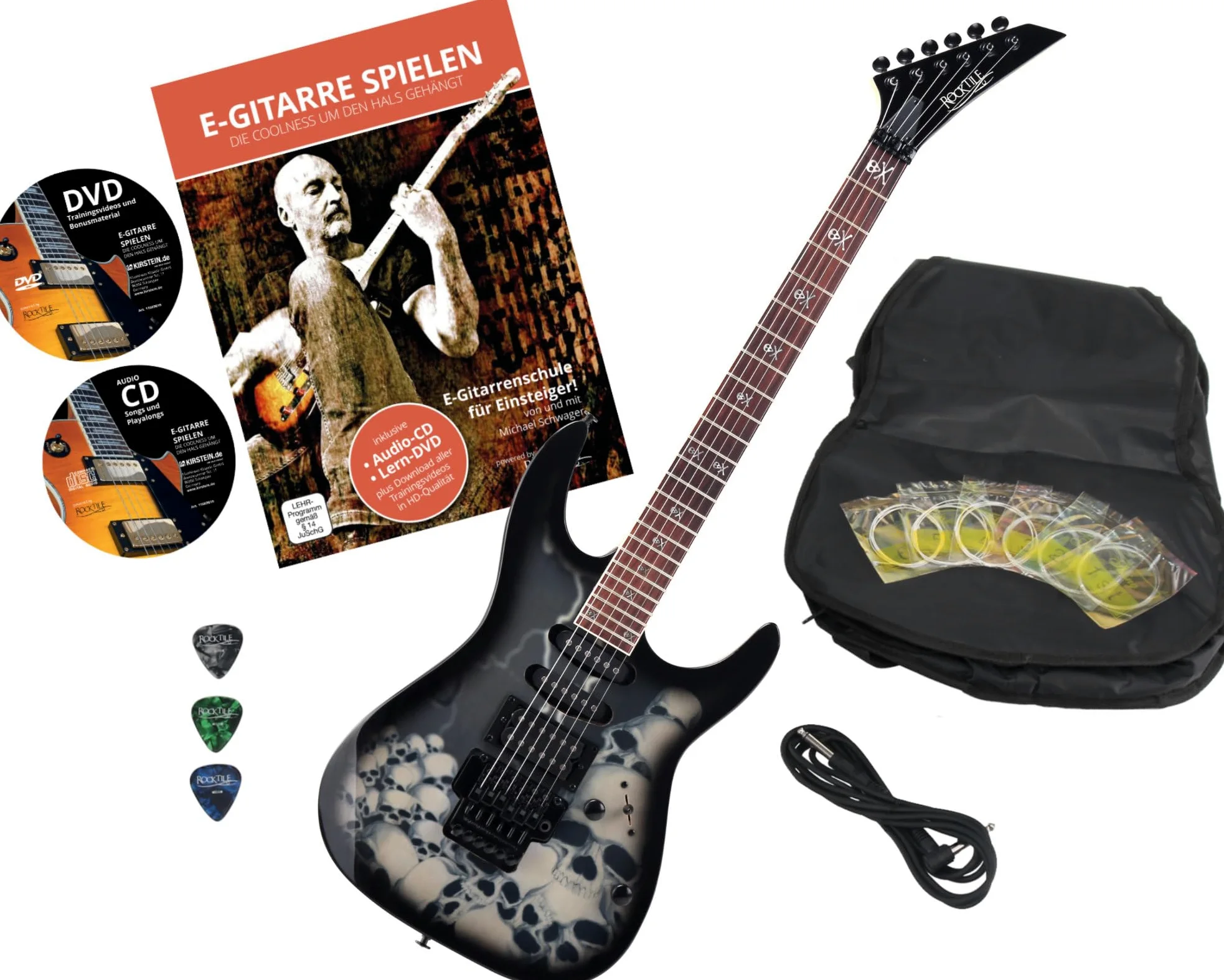 Rocktile Pro JK150-BSK Chitarra Elettrica Set Skull, Modello: Pro JK150-BSK | Serie: Rocktile Pro, Numero di corde: 6, Peso: ca. 3, 2 kg, Orientamento: Destrorso, Forma corpo: ST-Style, Corpo: Tiglio