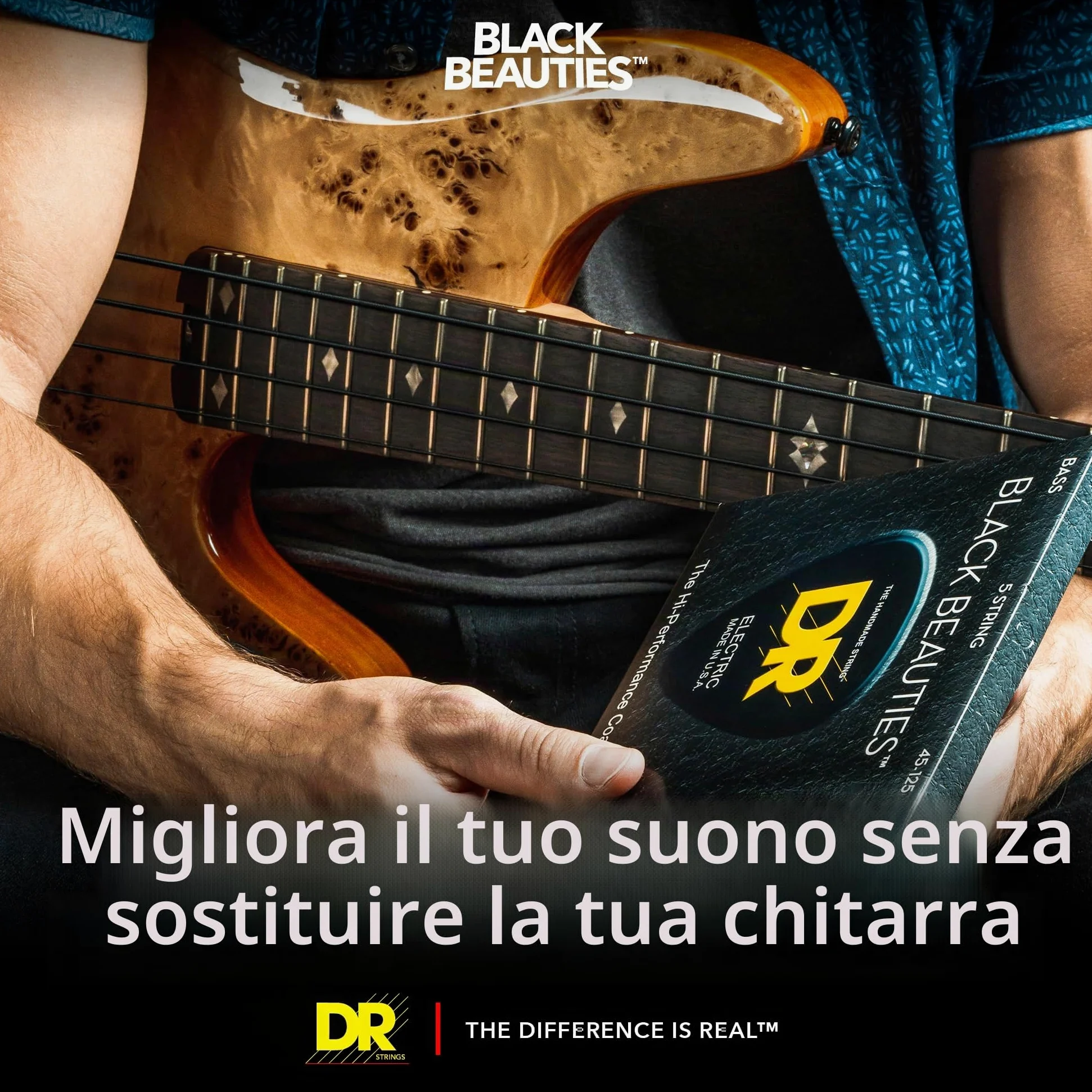 DR Strings BKB630 30-125 Medium 6-String Set Handmade Black Beauties corde per basso rivestite
