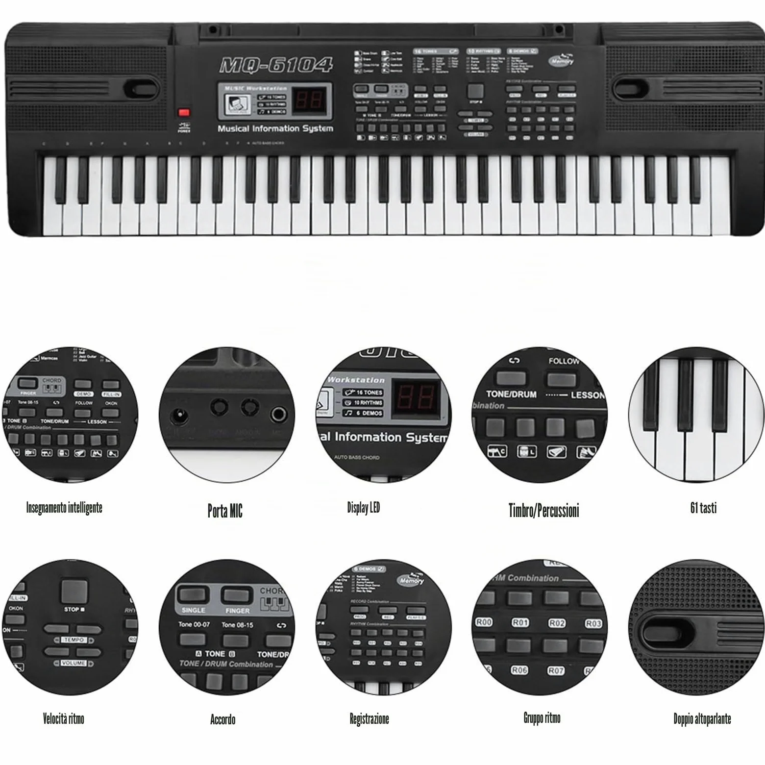 WakectsPianoforte digitale portatile con leggio, tastiera ricaricabile a 61 tasti, 16 suoni, 8 effetti sonori, 10 ritmi, 6 demo, ritmo e volume regolabili