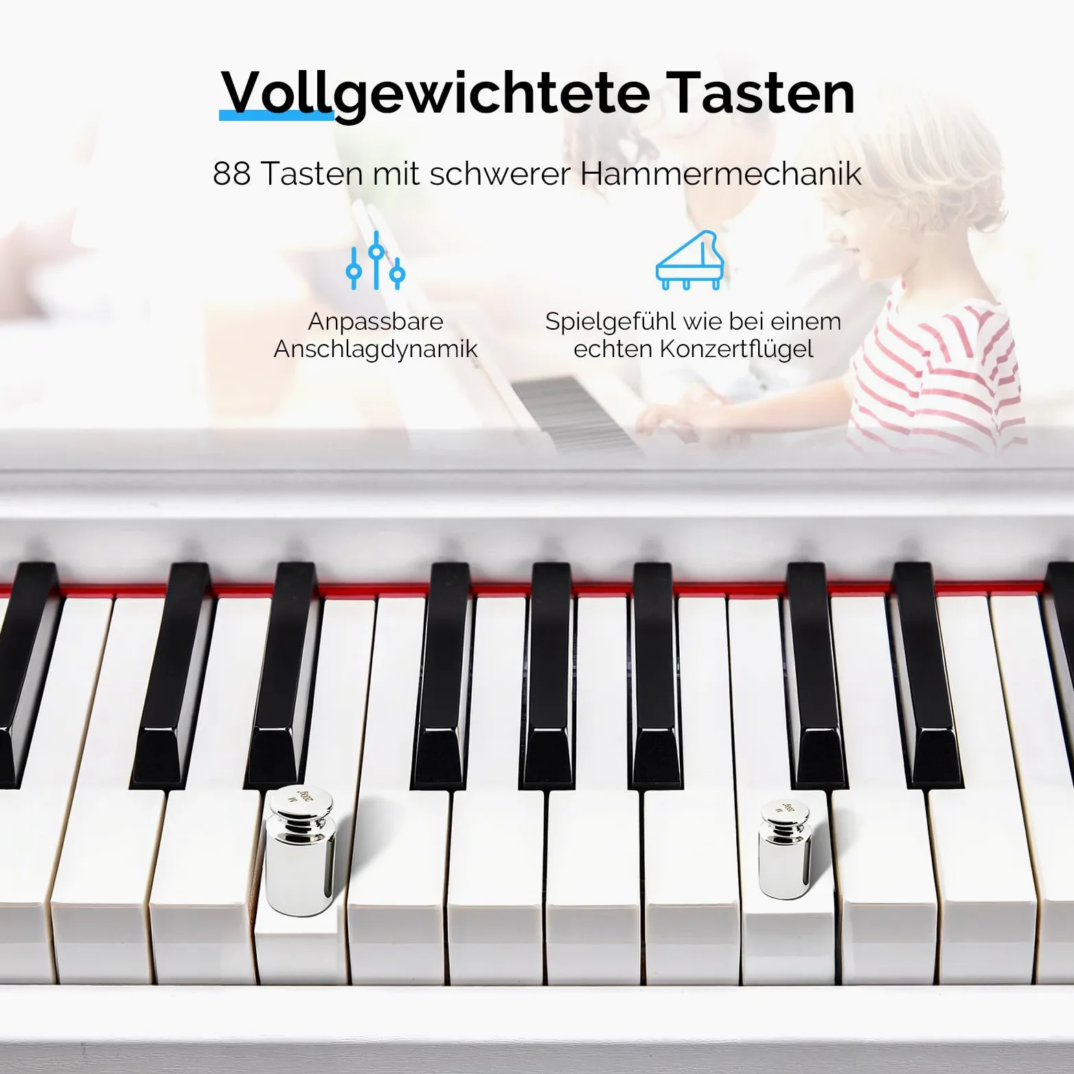 Bonnlo Pianofono digitale con 88 tasti ponderati, tastiera a 3 pedali per principianti, USB MIDI, doppio Bluetooth, display LCD, altoparlanti stereo, 800 suoni e 200 ritmi, bianco