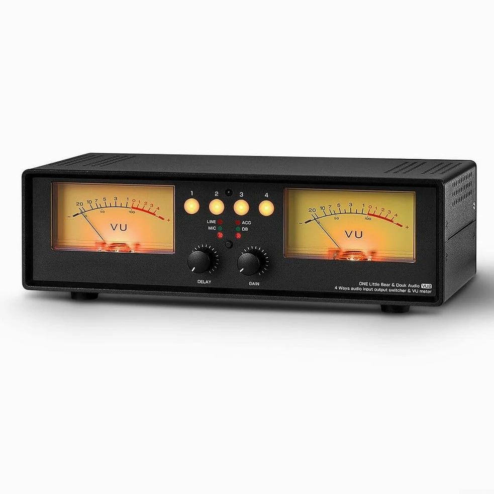 E microfono compatibile VU Meter Box analogico con display VU indipendente e routing audio 1 in 4 out 4 in 1 out (retroilluminazione gialla)