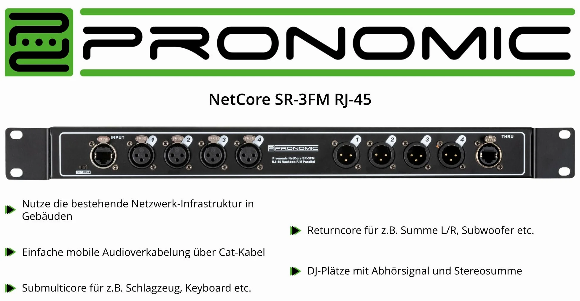 Pronomic NetCore SR-3FM Multicore-Rackbox F/M Parallel - unità rack con 4 prese XLR (female), 4 prese XLR (male) e 2 prese RJ45 - per la trasmissione di segnali analogici o digitali
