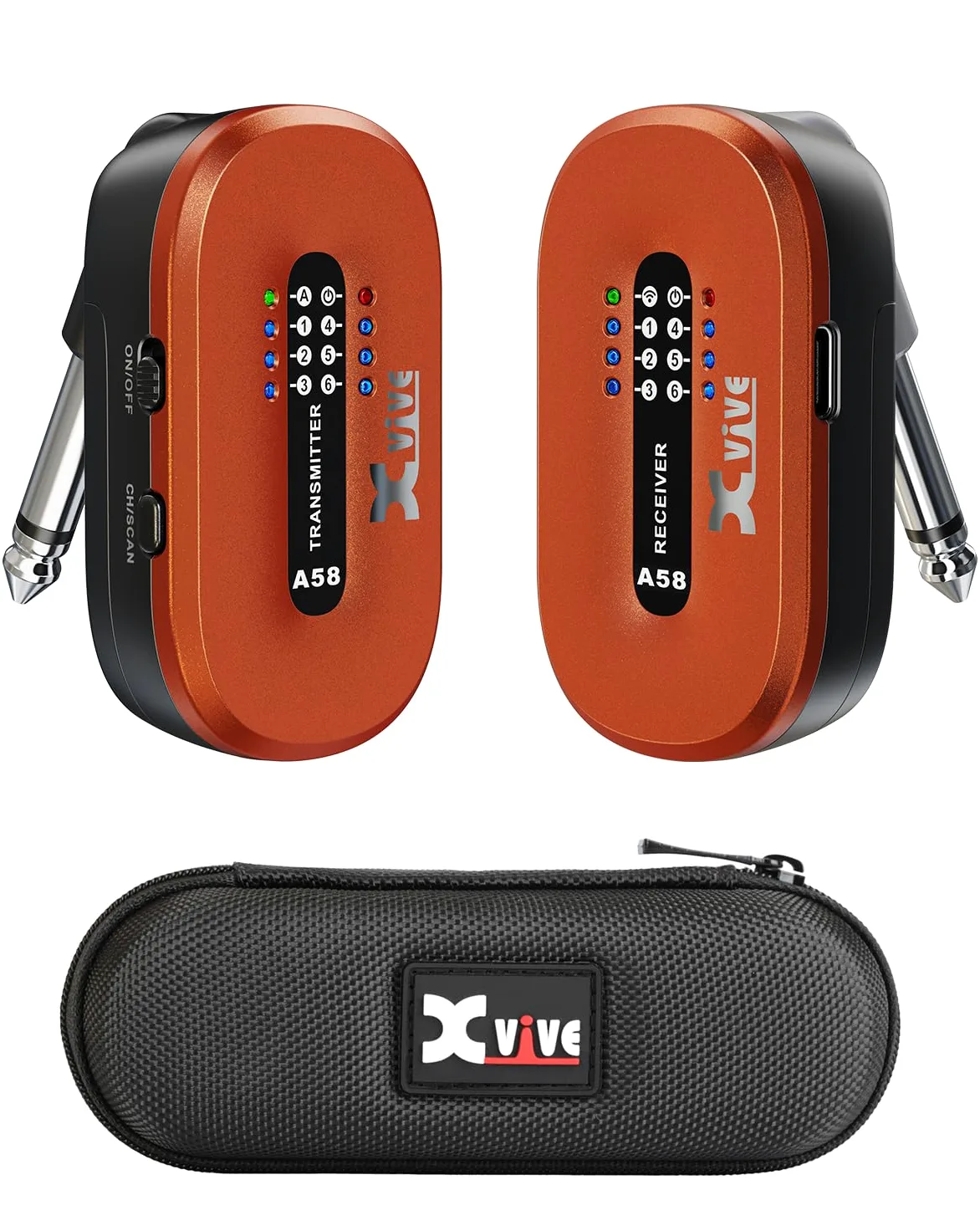 Xvive A58 - Sistema per chitarra wireless da 5,8 GHz, trasmettitore ricevitore per pickup attivo o passivo per basso elettrico/acustico, arancione