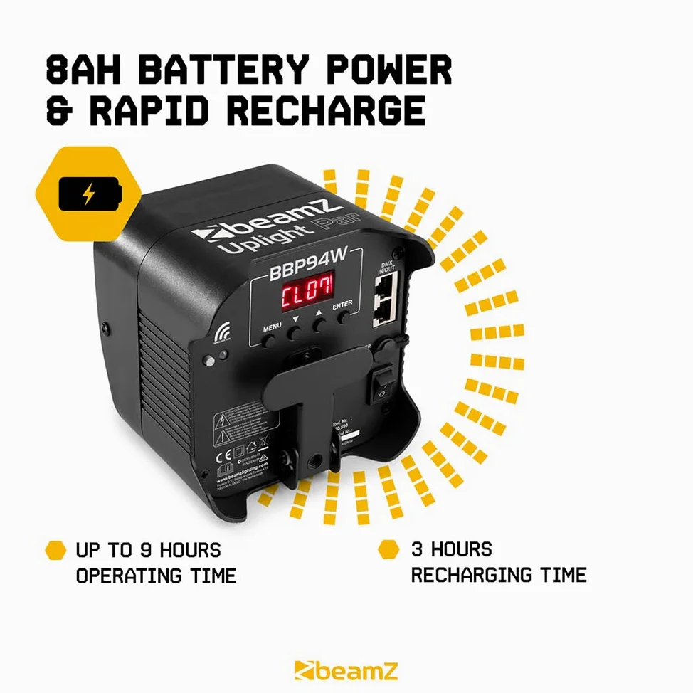 BeamZ BBP94W - Uplighter a batteria senza fili, rondella da parete LED da 48 W con controllo DMX, luce par alimentata a batteria ricaricabile per eventi, illuminazione verticale ed effetti di lavaggio