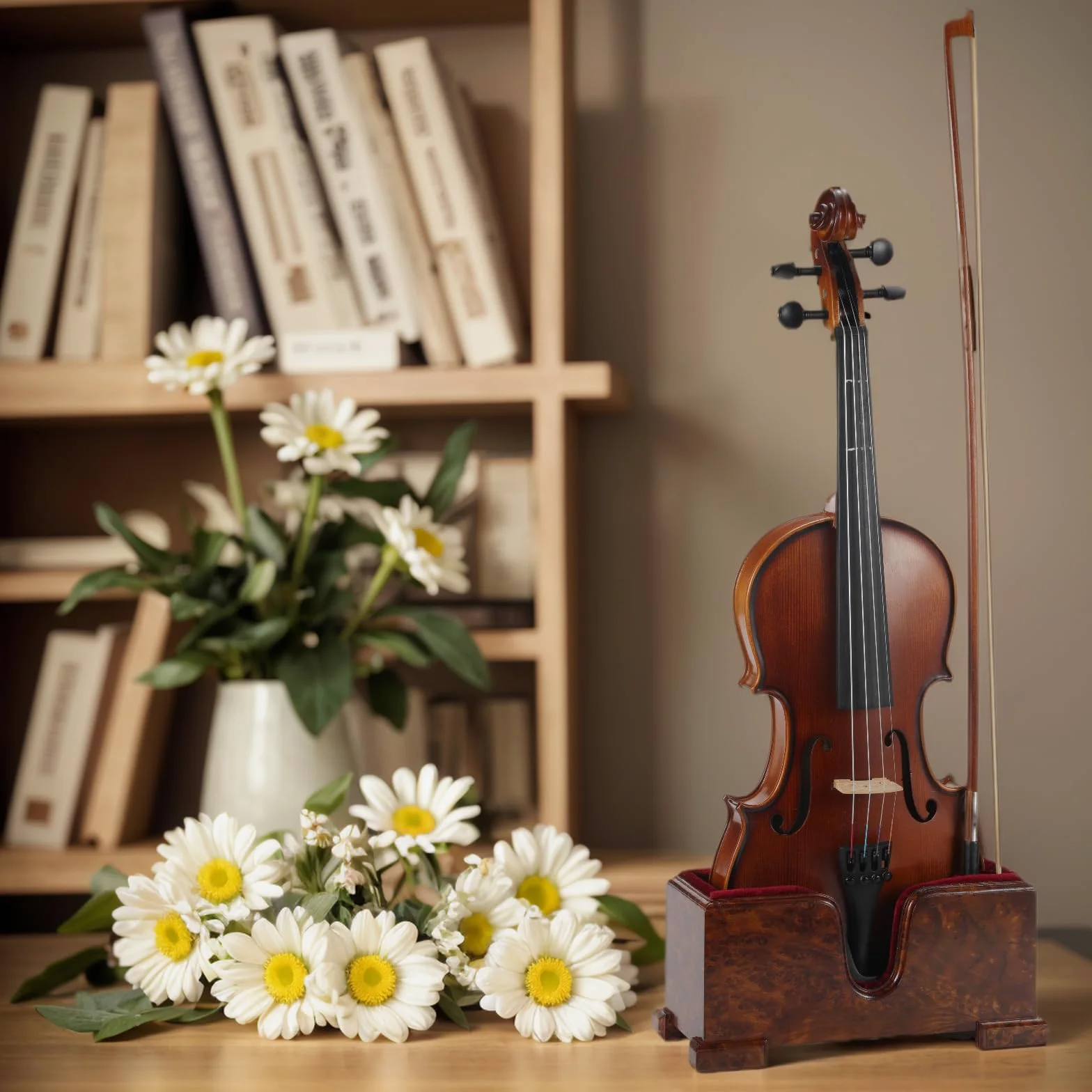 Supporto per violino e archetto (supporto), supporto per violino in legno con protezione in velluto, estetica stabile ed elegante (legno di radica + velluto rosso)