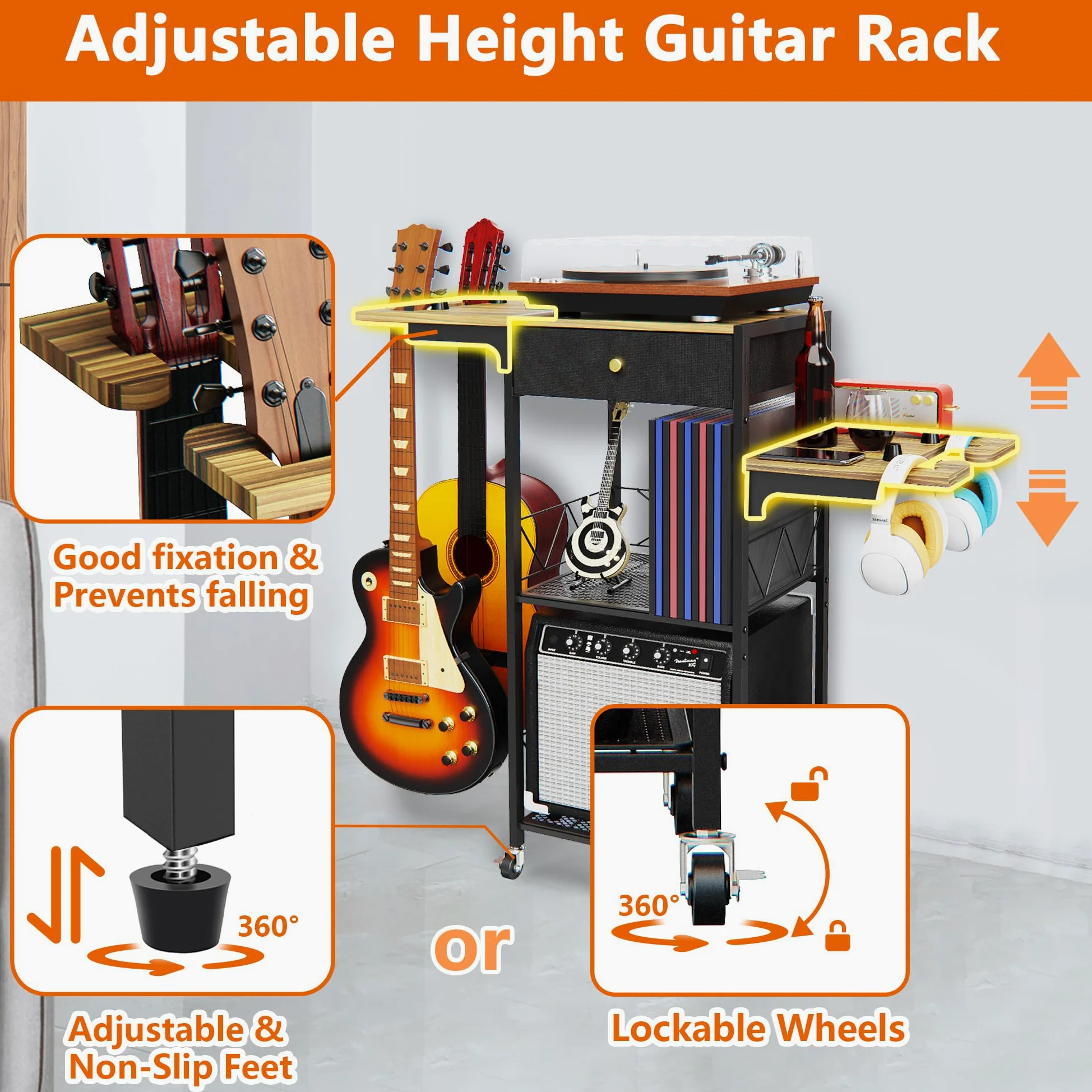 Yitexin Supporto per chitarra multiplo a 3 livelli con 4chitarra, ruota, contenitore per chitarre multiple