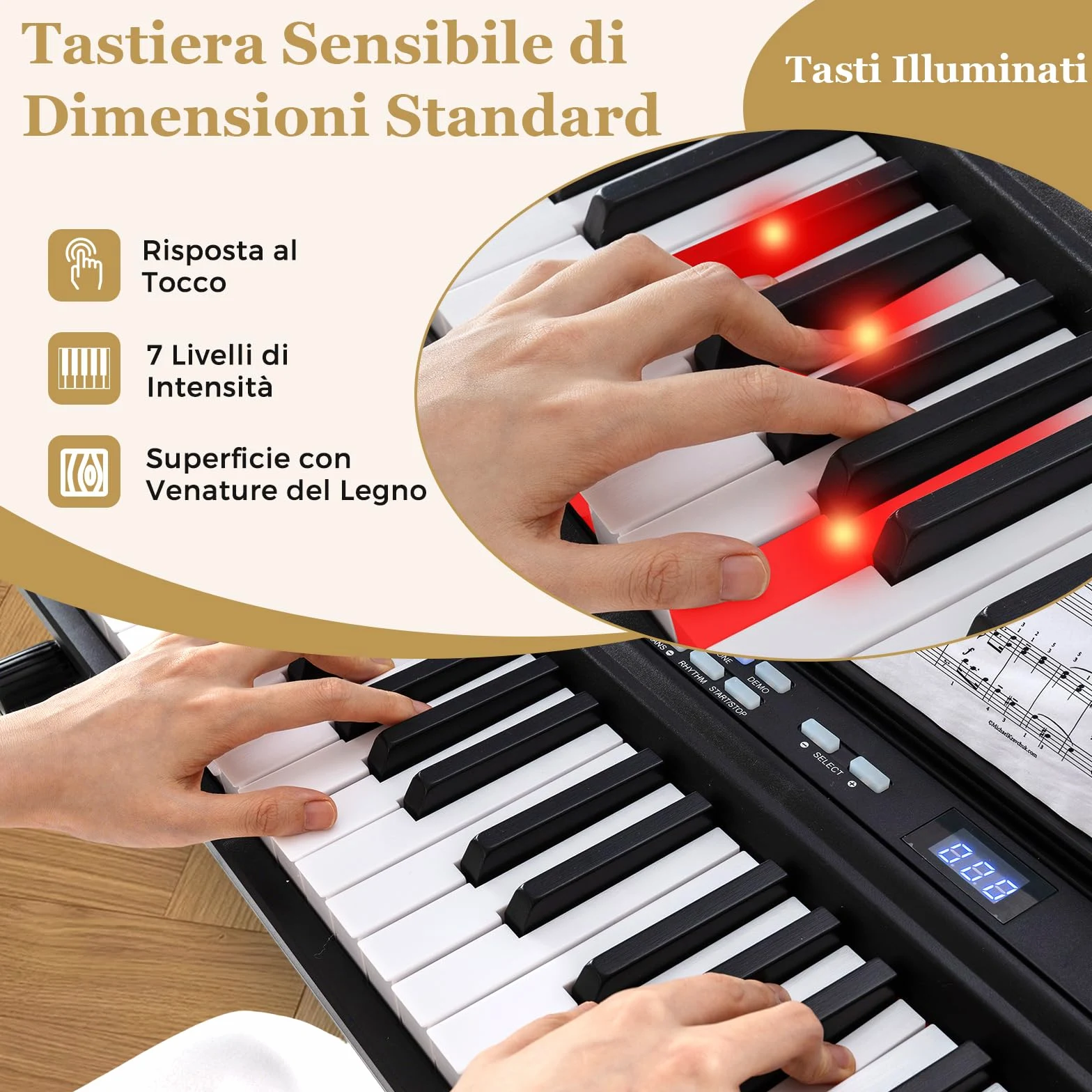 COSTWAY Tastiera Pianoforte Elettrico a 88 Tasti, Piano Digitale con Supporto e Sgabello Regolabili, Tastiera Sensibile, Tasti e Pulsanti Illuminati, Funzione MIDI, Pedale di Sustain, Cuffie (Nero)